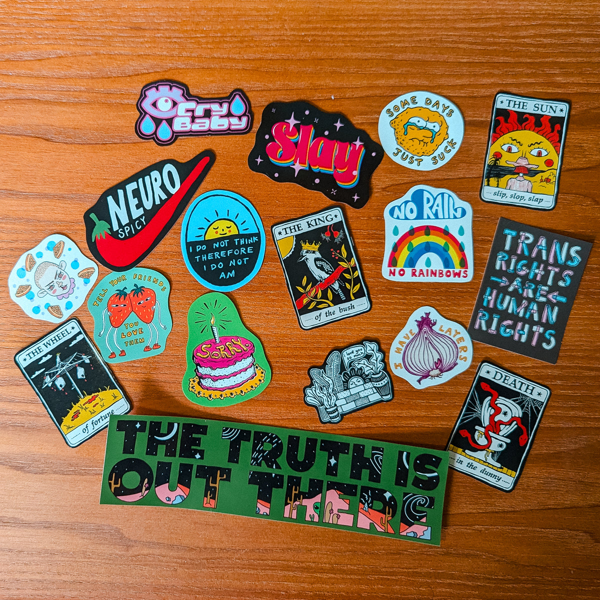 Sticker set with an assortment of illustrated stickers including tarot cards and a rainbow by Lonely Kids Club
