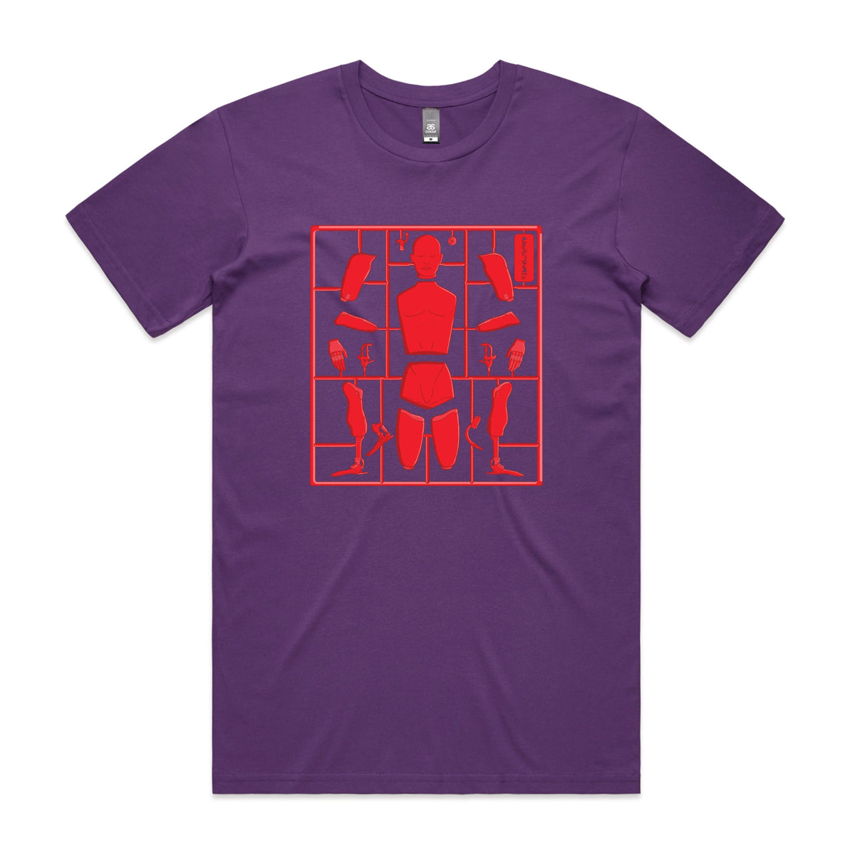 Purple unisex t-shirt with Some Assembly Required graphic by Lonely Kids Club