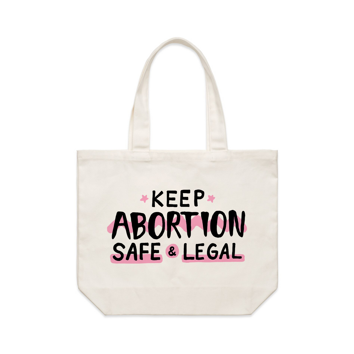 Cream shoulder tote with Safe & Legal Abortion Tote graphic by Lonely Kids Club
