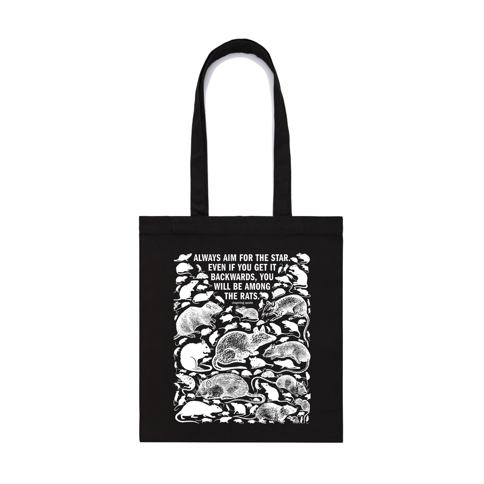 Black parcel tote with Among The Rats Tote graphic by Lonely Kids Club