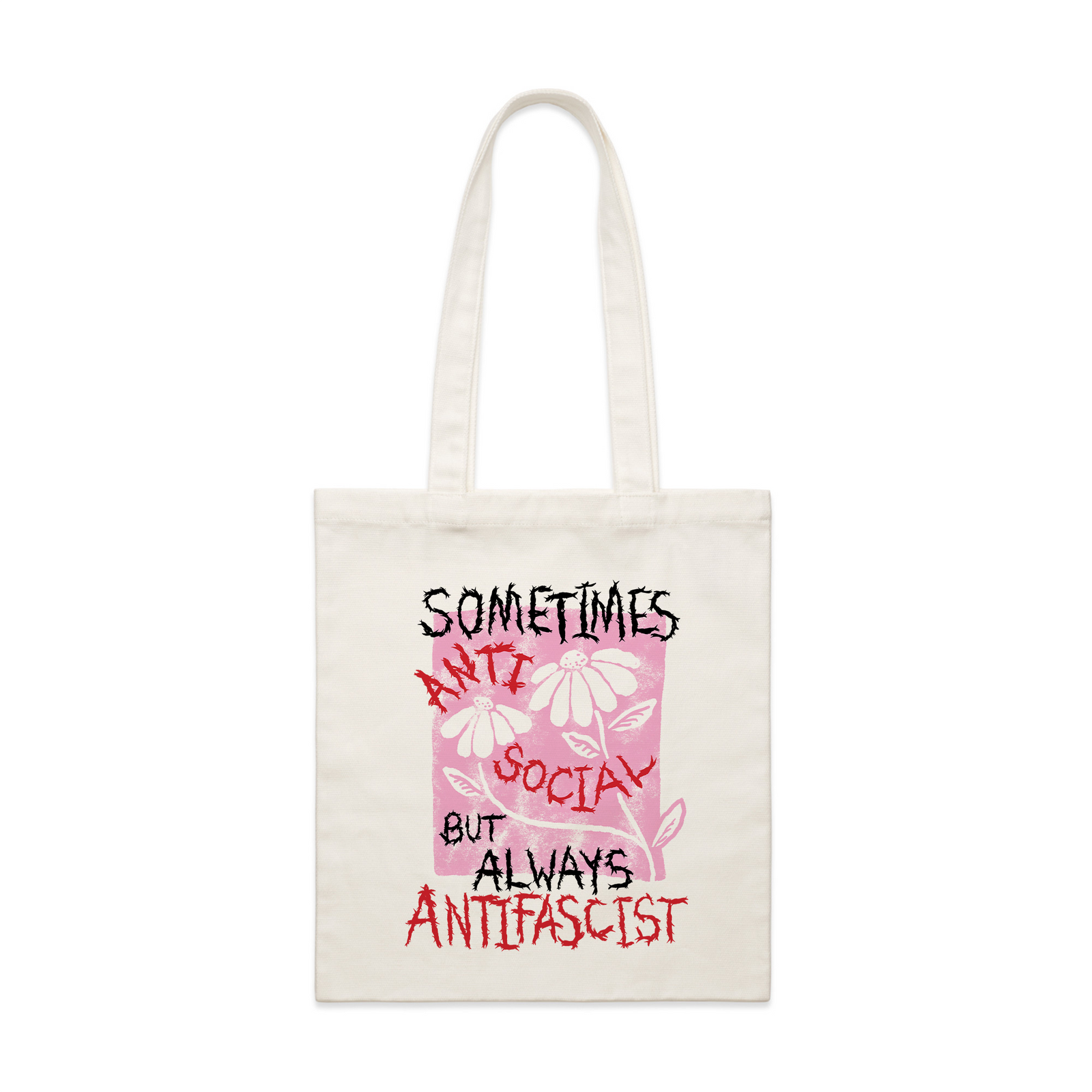 Cream parcel tote with Always Antifascist Tote graphic by Lonely Kids Club