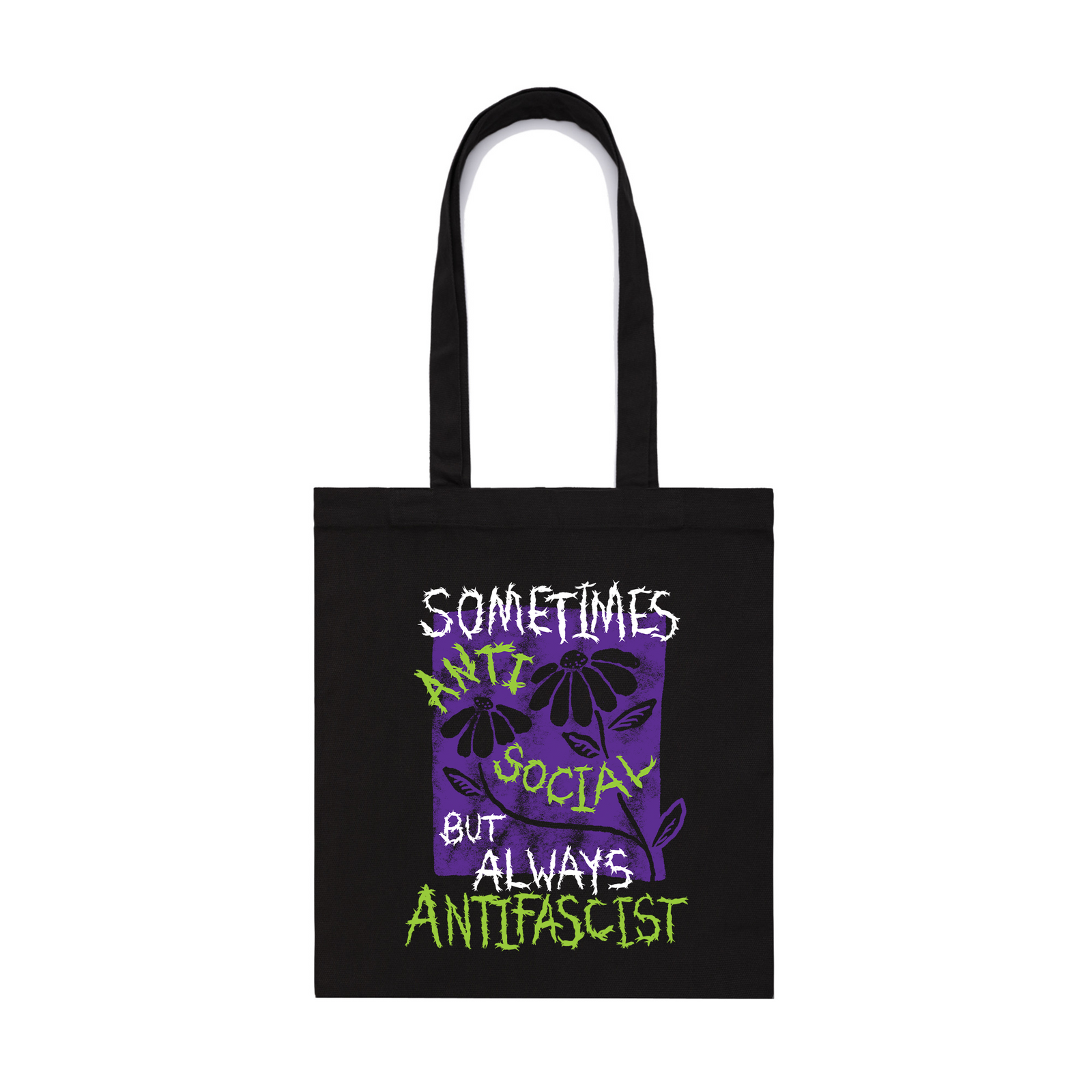 Black parcel tote with Always Antifascist Tote graphic by Lonely Kids Club