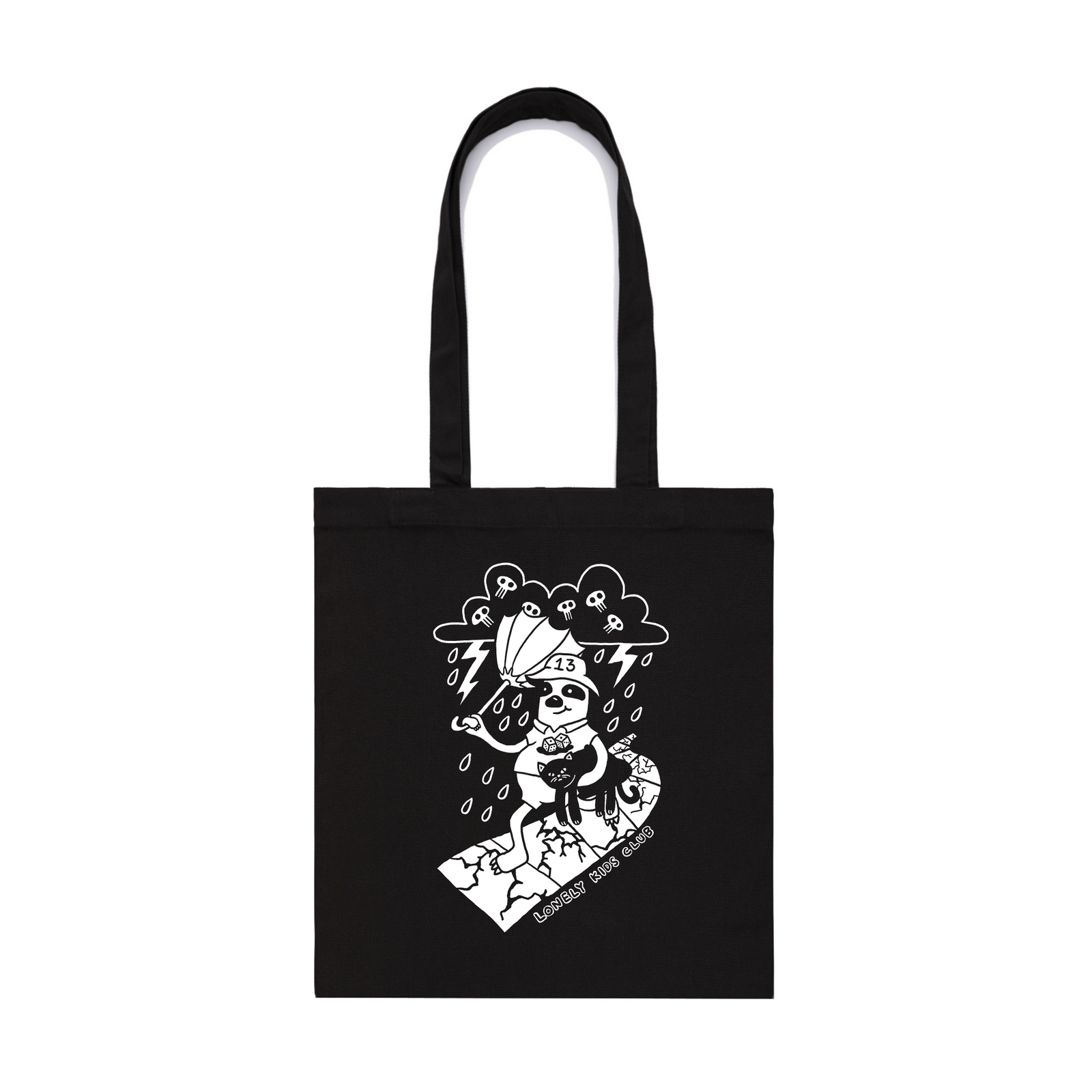 Black parcel tote with Bad Omens Tote graphic by Lonely Kids Club