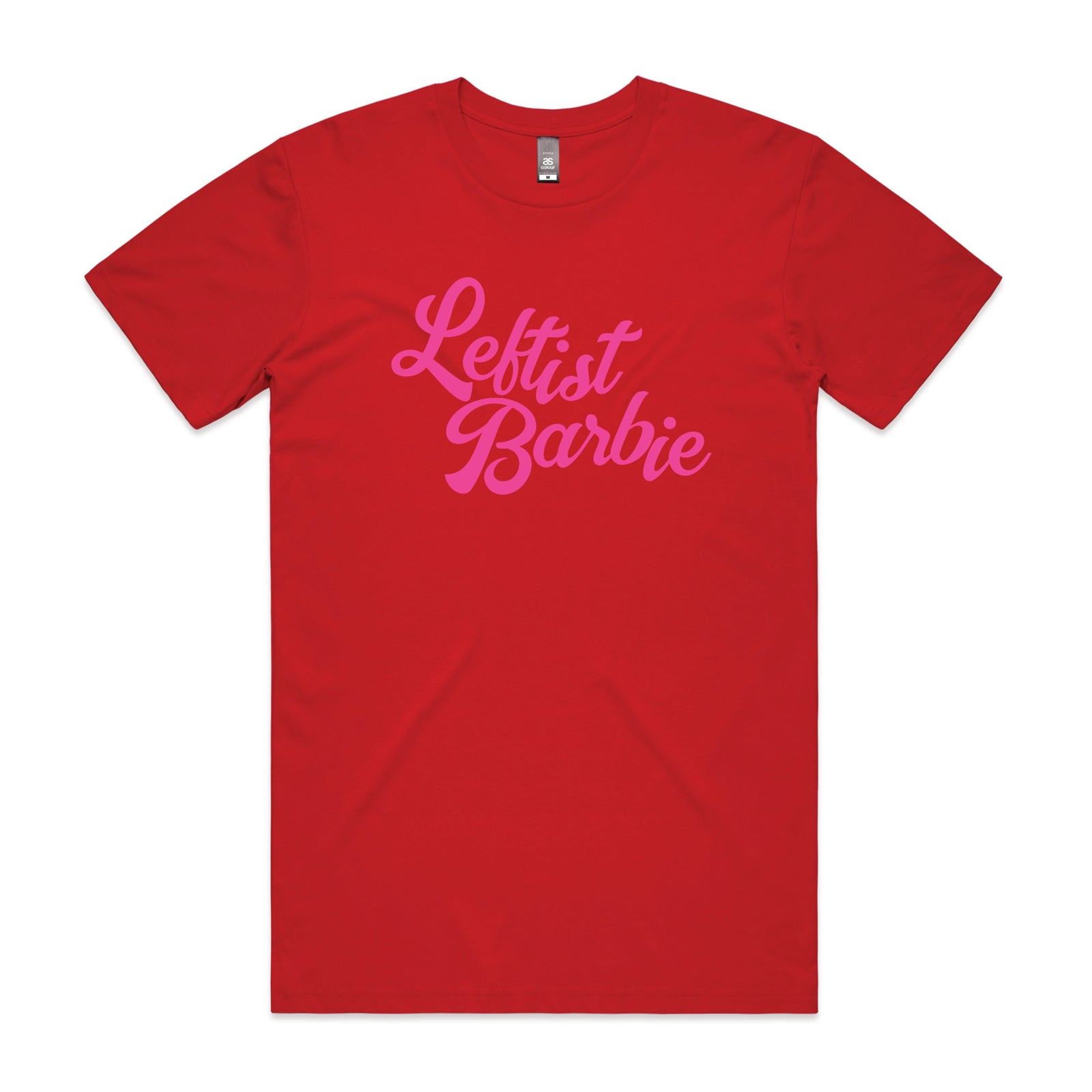 Red unisex t-shirt with Leftist Barbie graphic by Lonely Kids Club