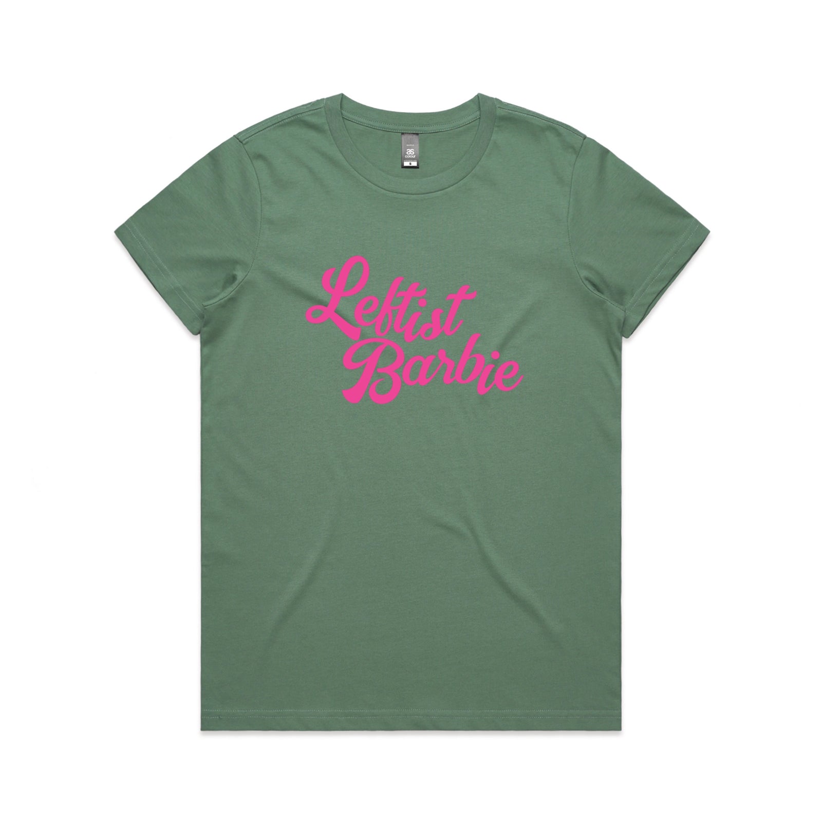 Sage fitted womens t-shirt with Leftist Barbie graphic by Lonely Kids Club