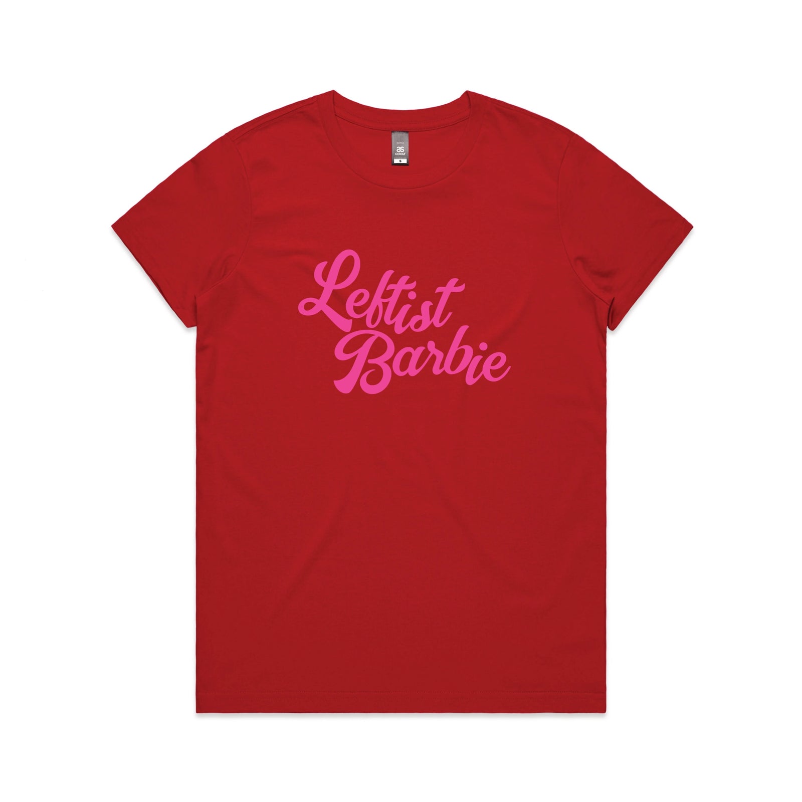 Red fitted womens t-shirt with Leftist Barbie graphic by Lonely Kids Club
