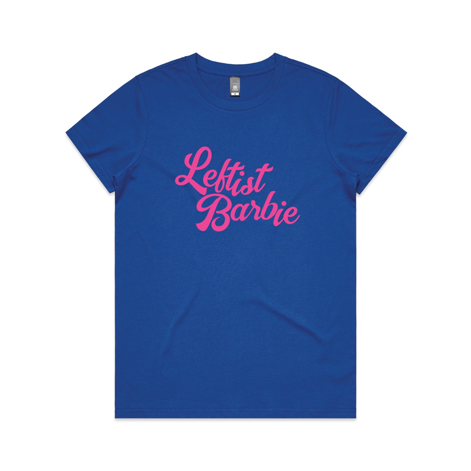 Royal Blue fitted womens t-shirt with Leftist Barbie graphic by Lonely Kids Club