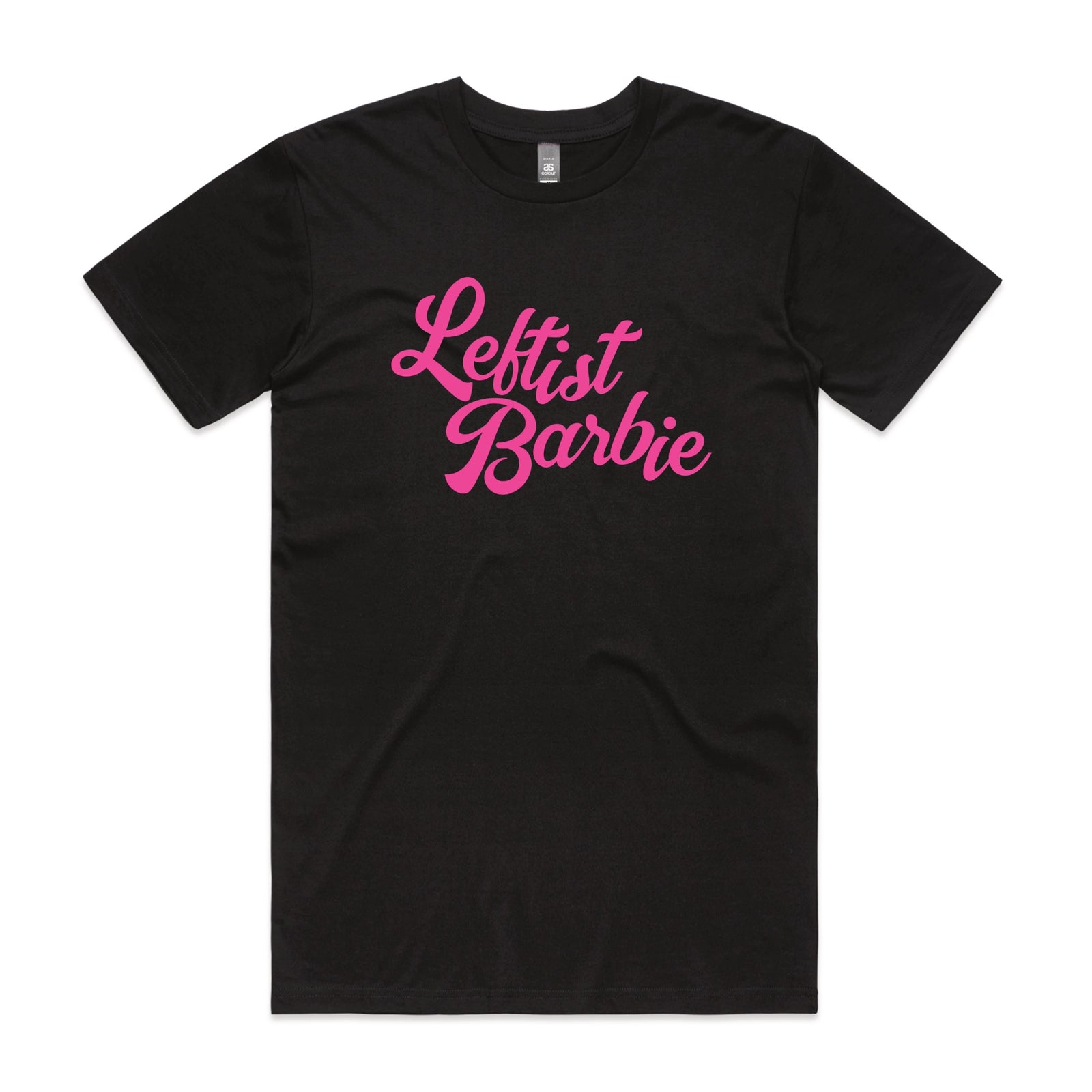 Black unisex t-shirt with Leftist Barbie graphic by Lonely Kids Club