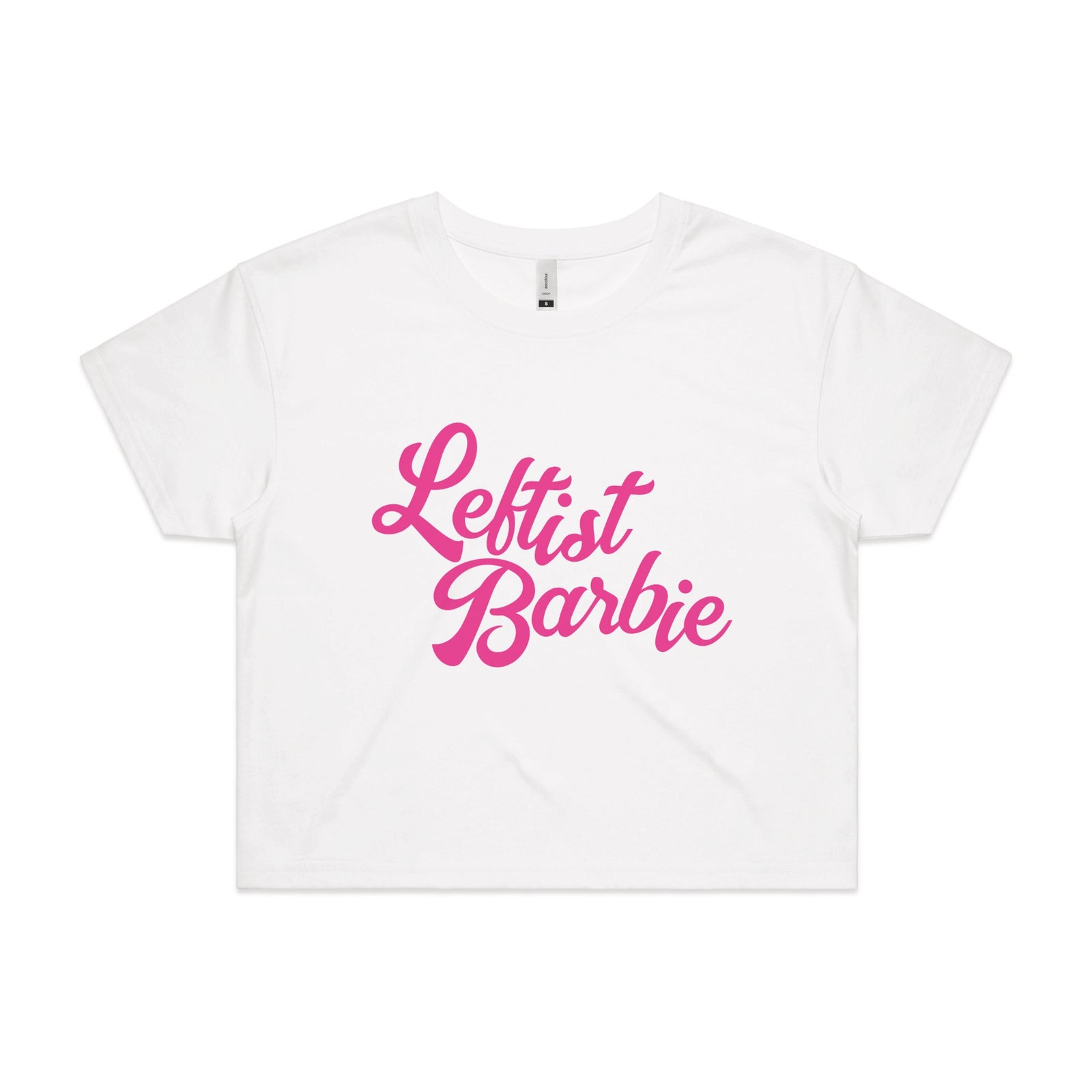 White crop top with Leftist Barbie graphic by Lonely Kids Club
