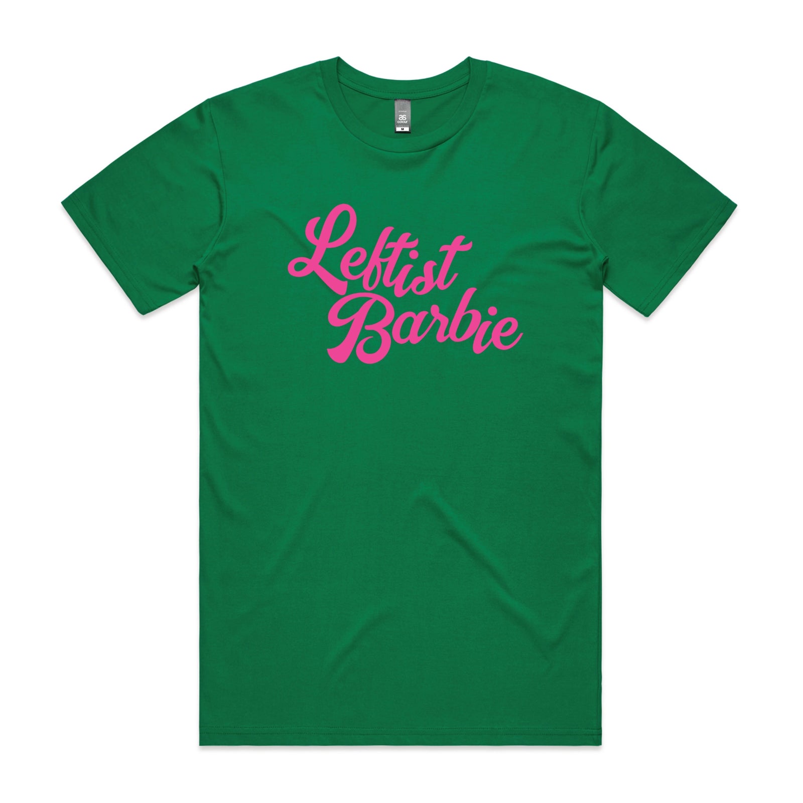 Green unisex t-shirt with Leftist Barbie graphic by Lonely Kids Club