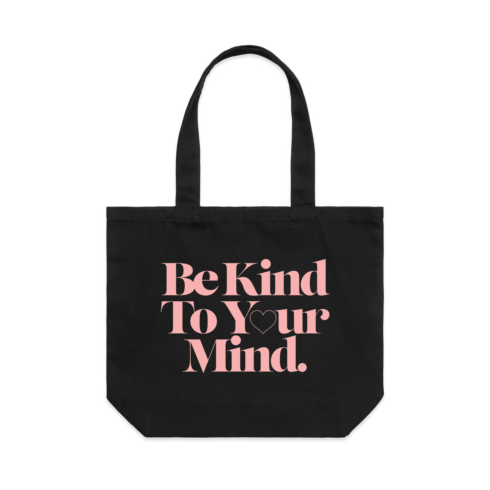 Black shoulder tote with Be Kind To Your Mind Tote graphic by Lonely Kids Club