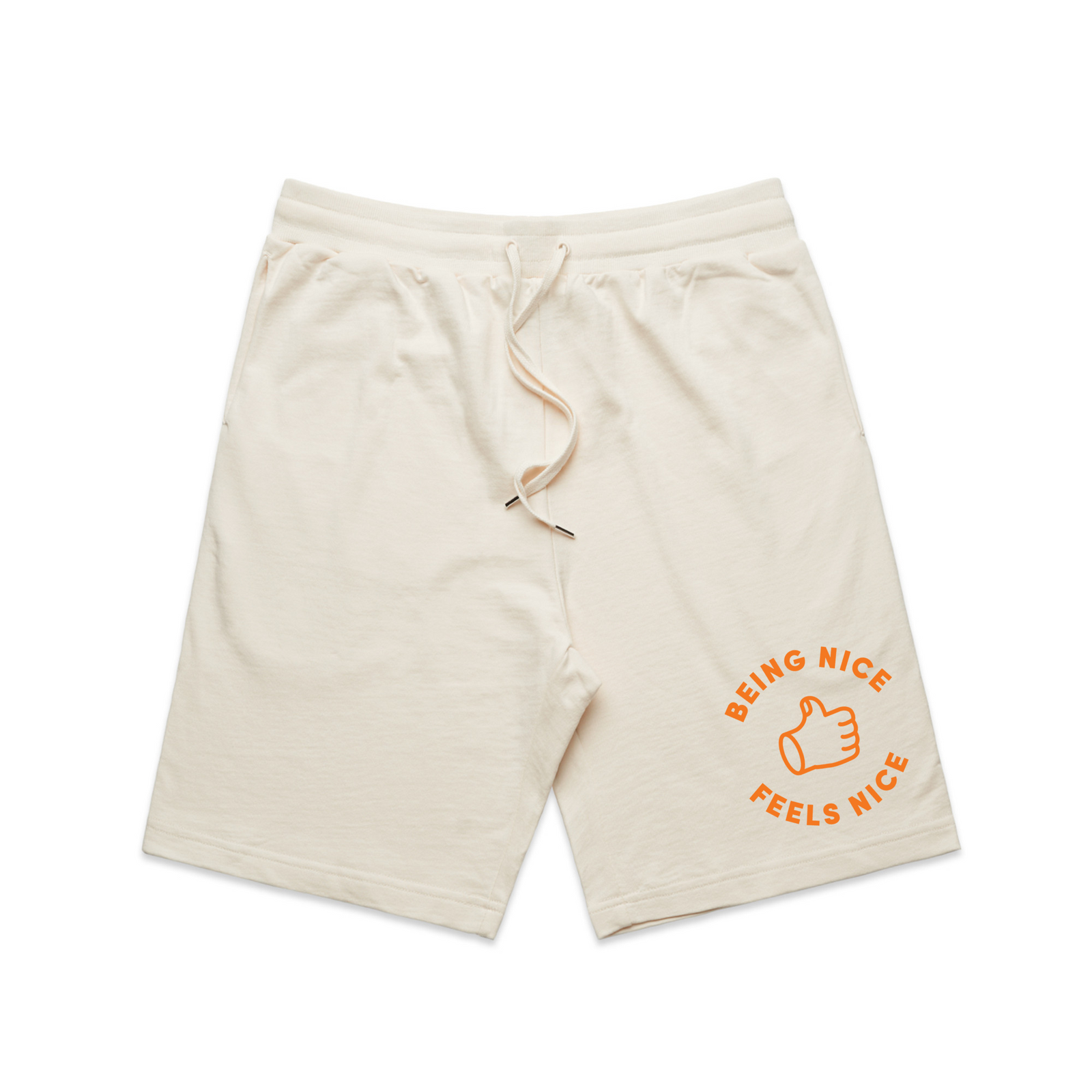 Ecru regular heavy shorts with Being Nice Feels Nice Shorts graphic by Lonely Kids Club