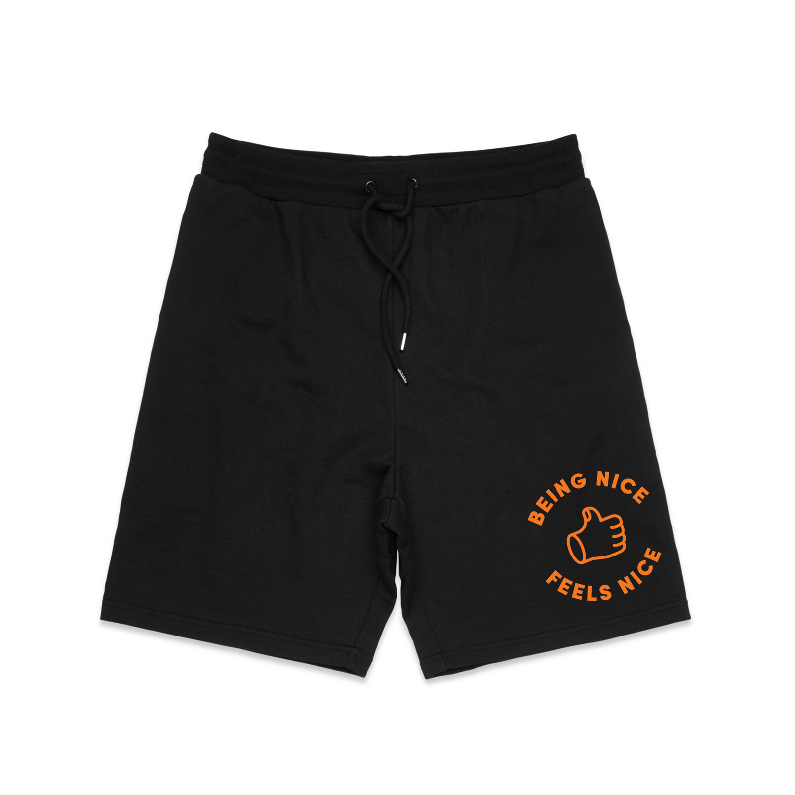 Black regular heavy shorts with Being Nice Feels Nice Shorts graphic by Lonely Kids Club