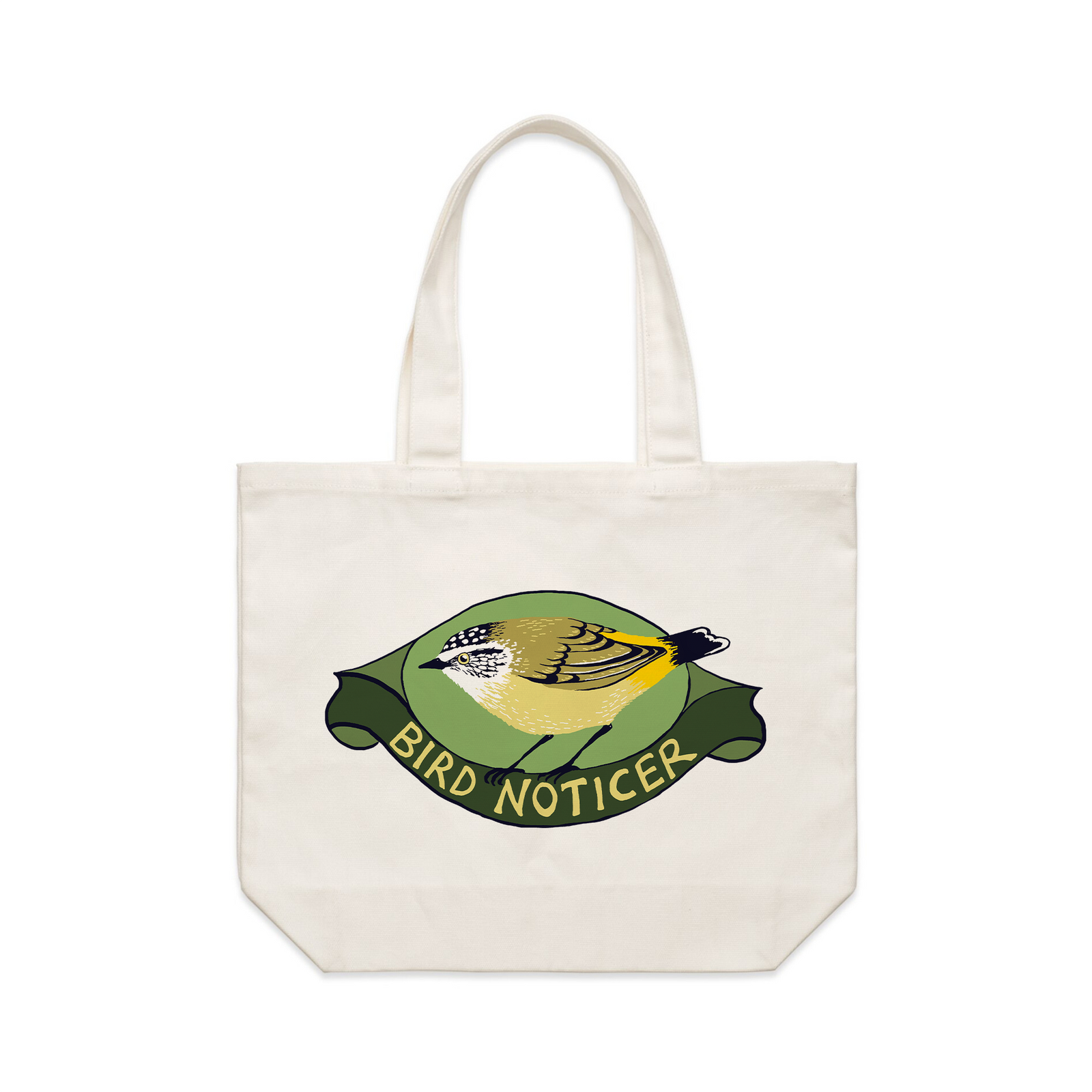 Cream shoulder tote with Bird Noticer Tote graphic by Lonely Kids Club