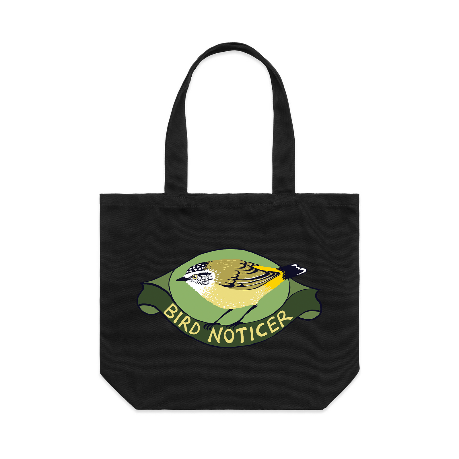 Black shoulder tote with Bird Noticer Tote graphic by Lonely Kids Club