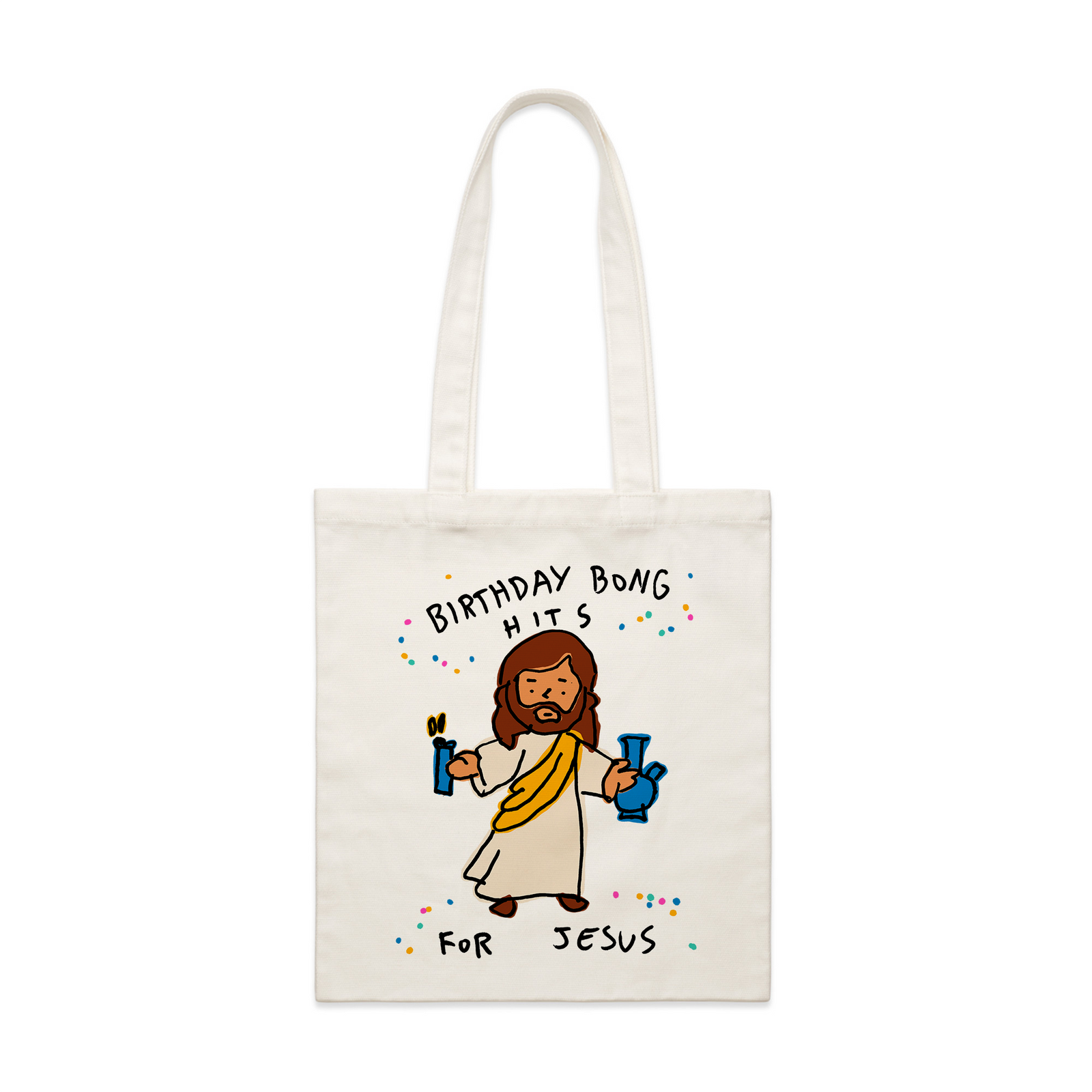 Cream parcel tote with Birthday Bong Hits Tote graphic by Lonely Kids Club