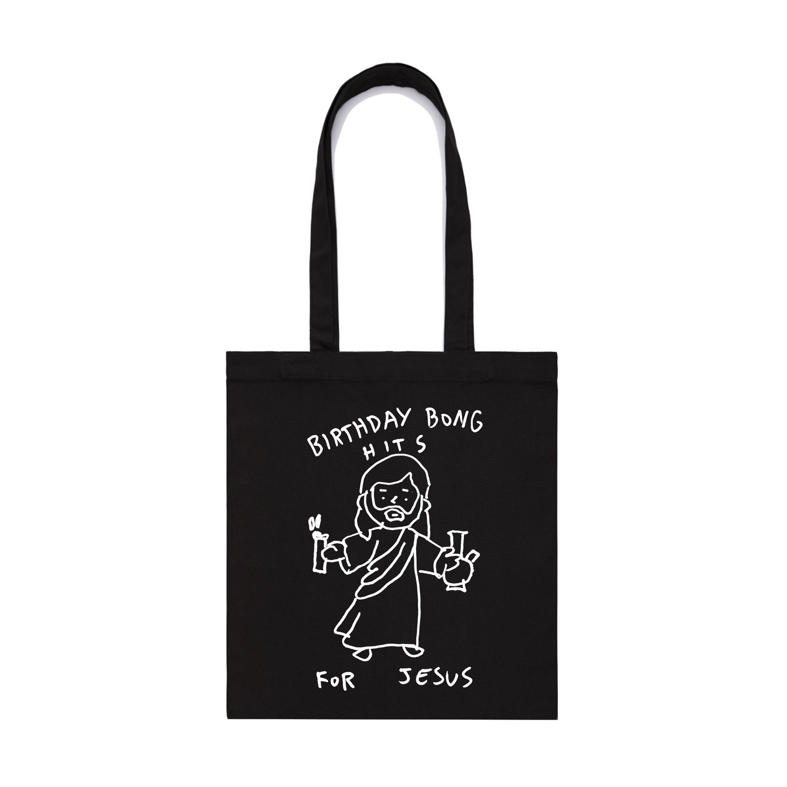 Black parcel tote with Birthday Bong Hits Tote graphic by Lonely Kids Club