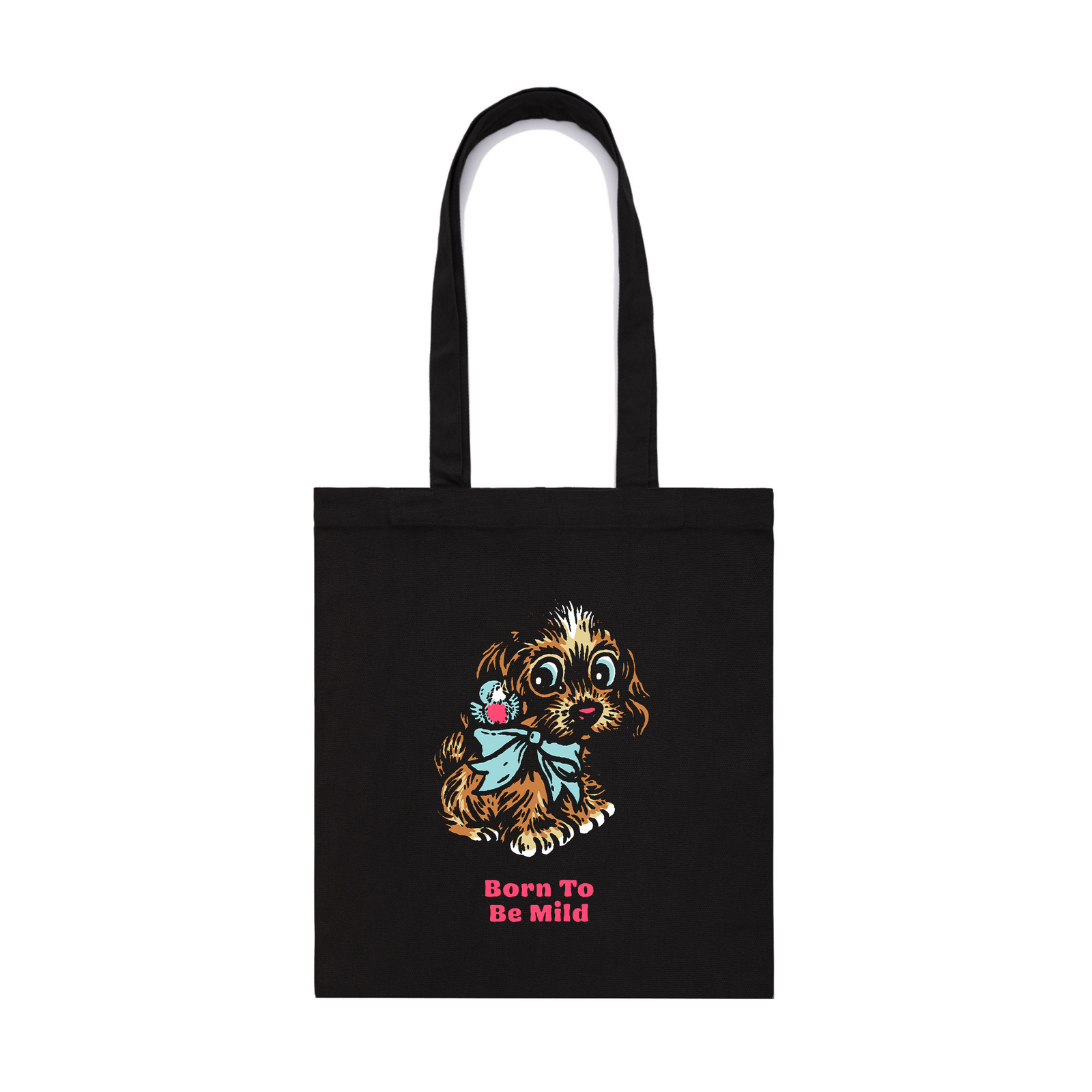 Black parcel tote with Born To Be Mild Tote graphic by Lonely Kids Club