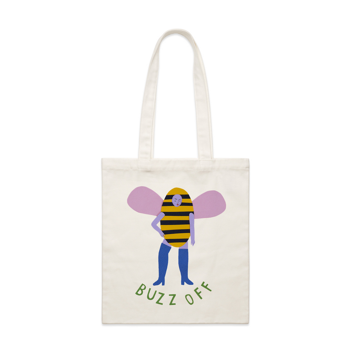 Cream parcel tote with Buzz Off Tote graphic by Lonely Kids Club