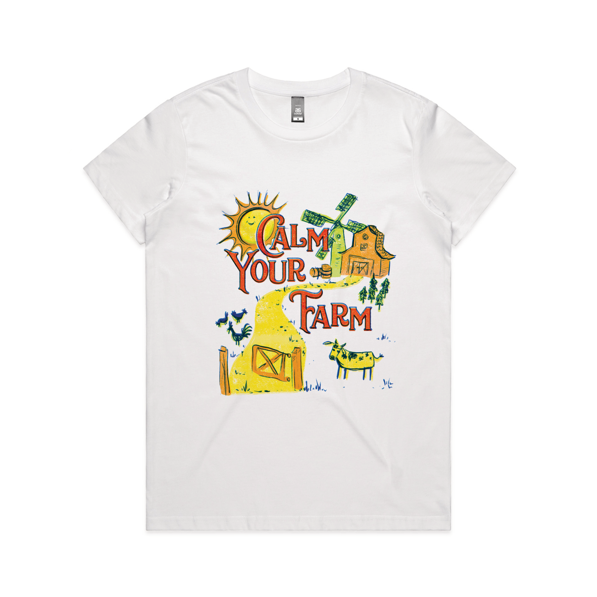 White fitted womens t-shirt with Calm Your Farm graphic by Lonely Kids Club