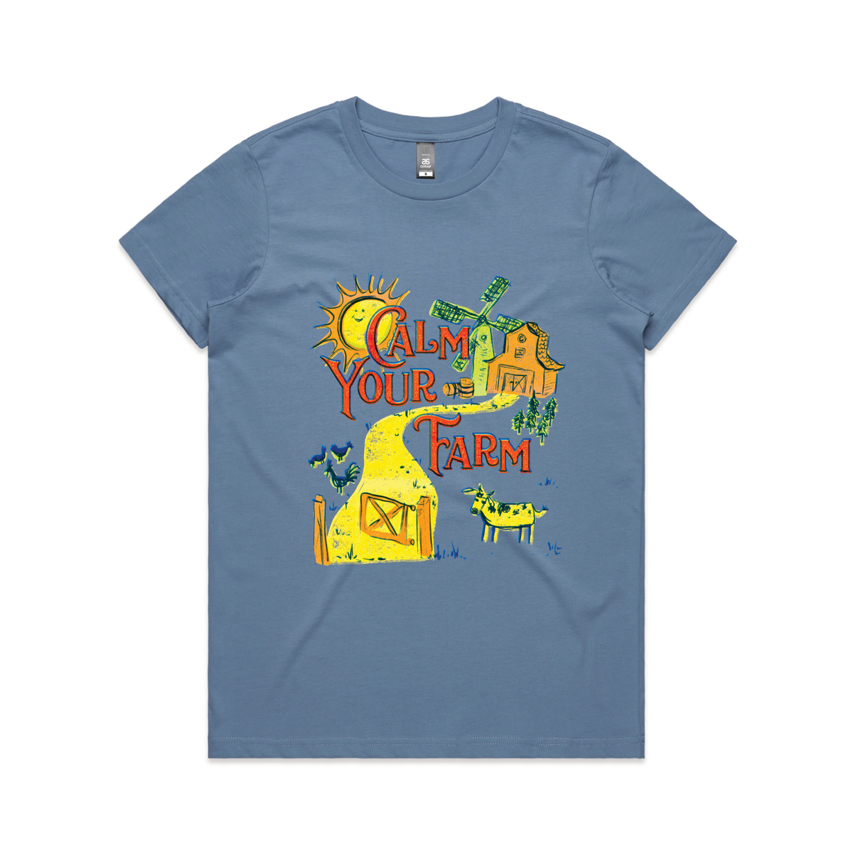 Carolina Blue fitted womens t-shirt with Calm Your Farm graphic by Lonely Kids Club