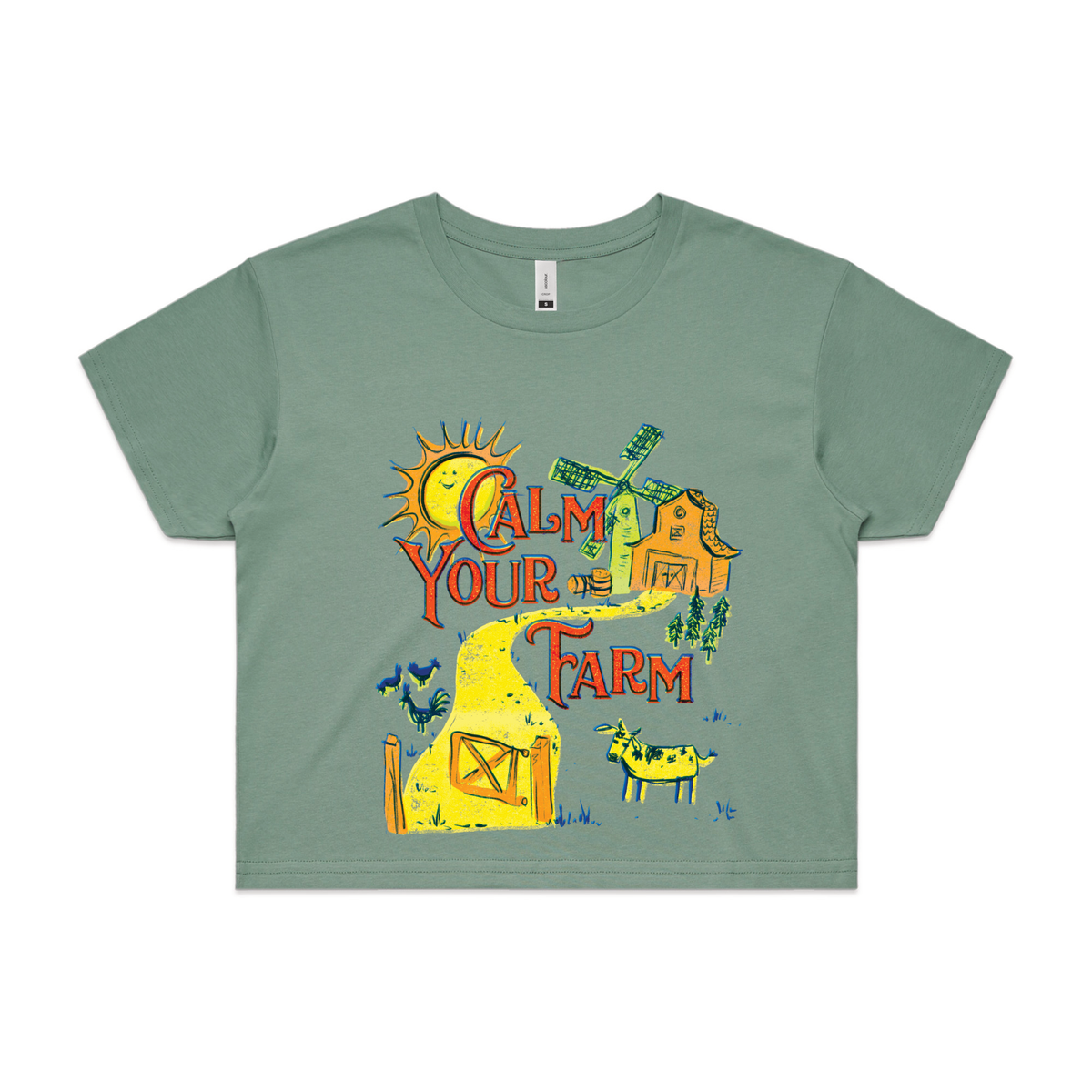 Sage crop top with Calm Your Farm graphic by Lonely Kids Club