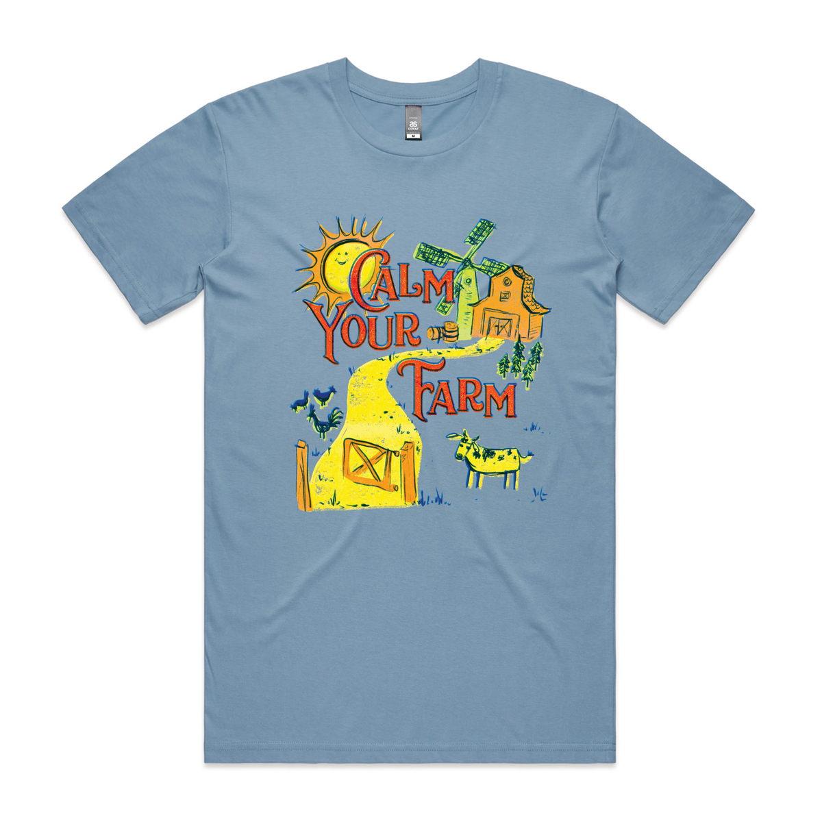 Carolina Blue unisex t-shirt with Calm Your Farm graphic by Lonely Kids Club