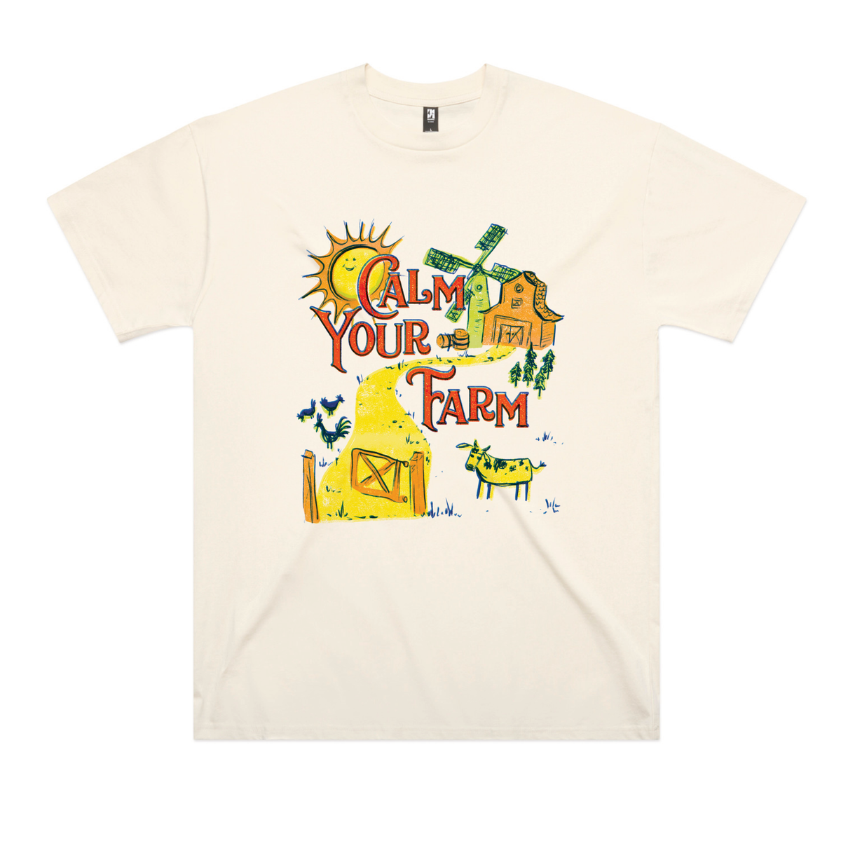 Ecru oversized t-shirt with Calm Your Farm graphic by Lonely Kids Club