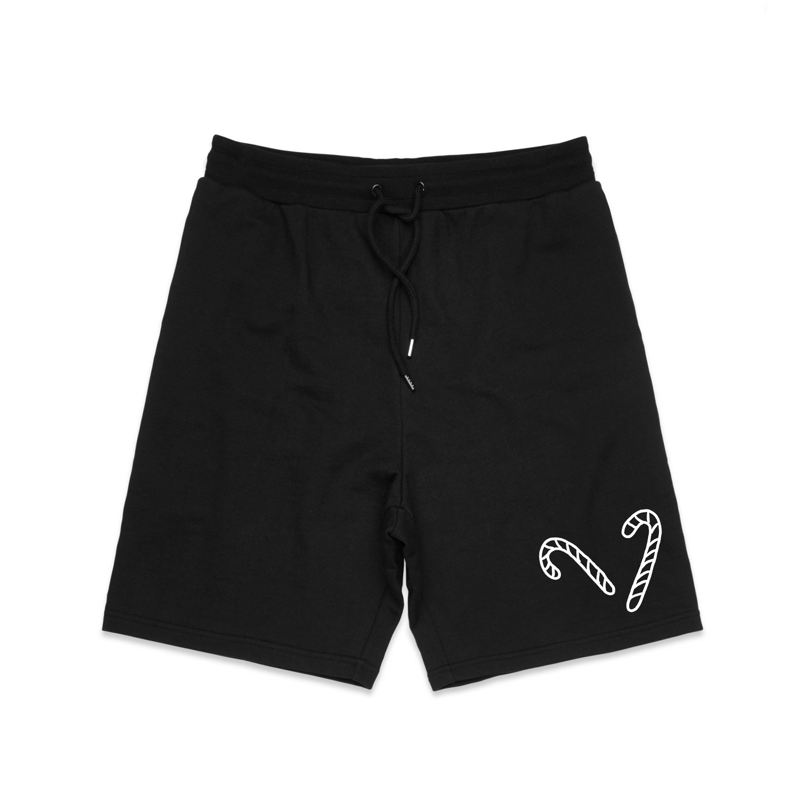 Black regular heavy shorts with Candy Canes Shorts graphic by Lonely Kids Club