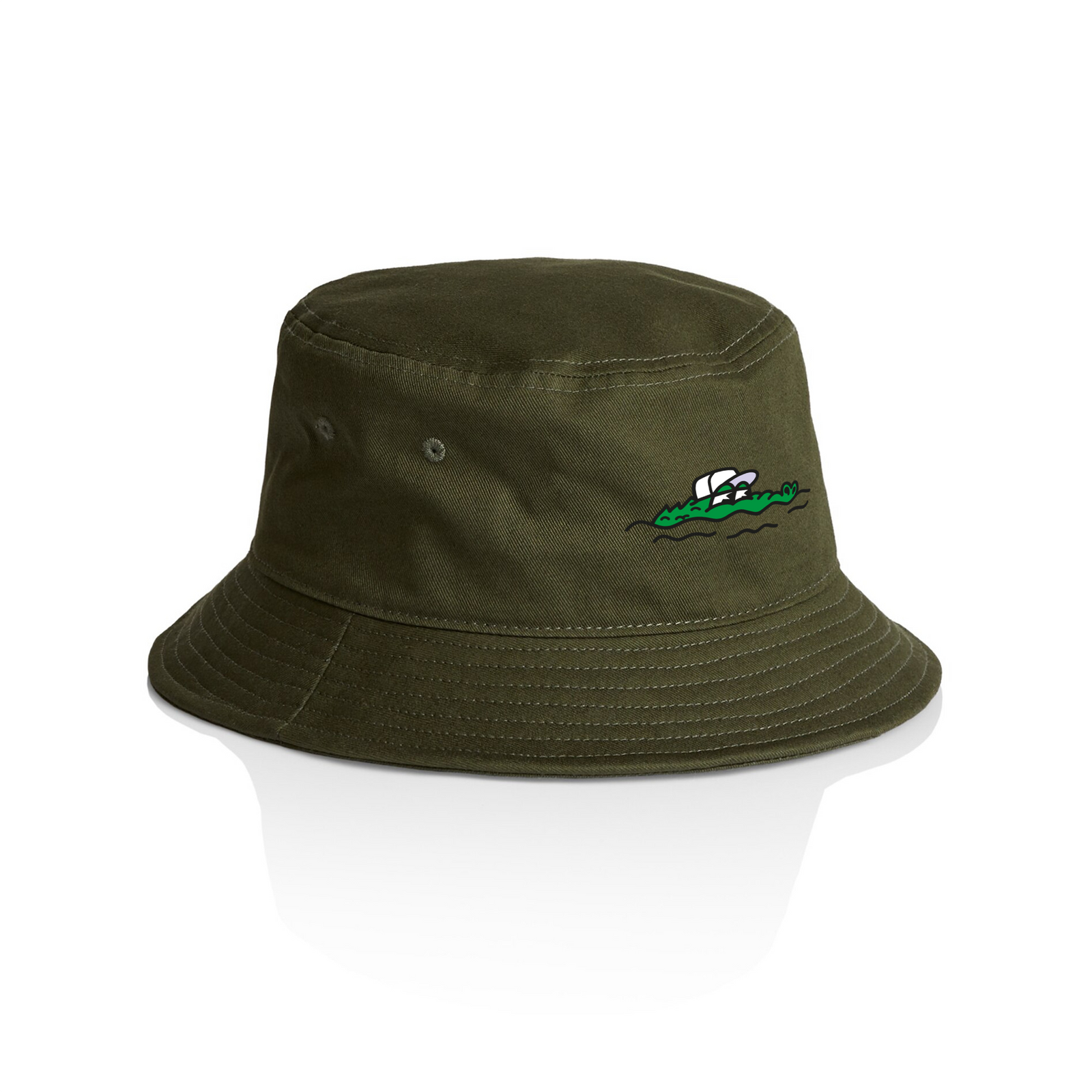 Army Green bucket hat with Chillergator Bucket Hat graphic by Lonely Kids Club