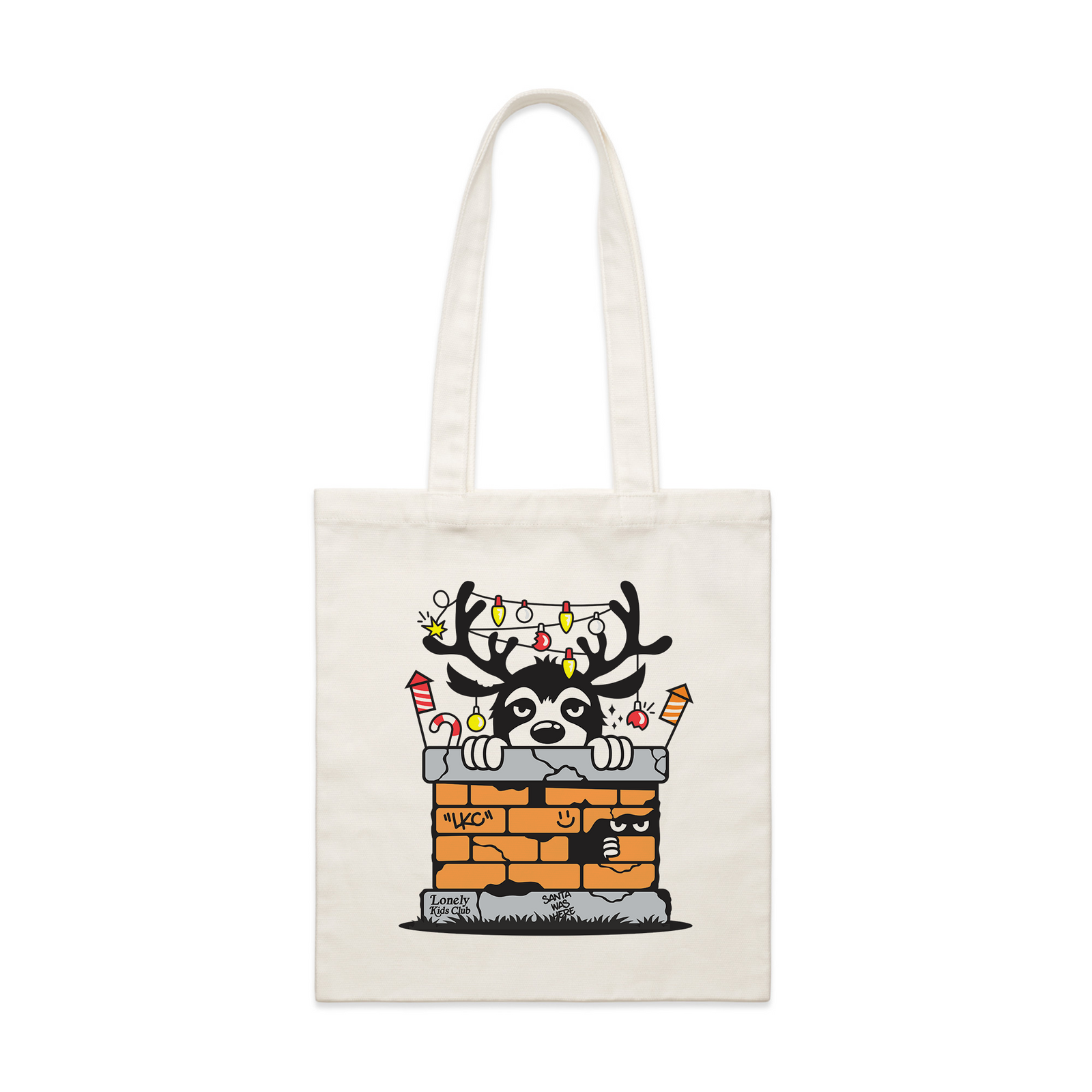 Cream parcel tote with Chimney Tote graphic by Lonely Kids Club