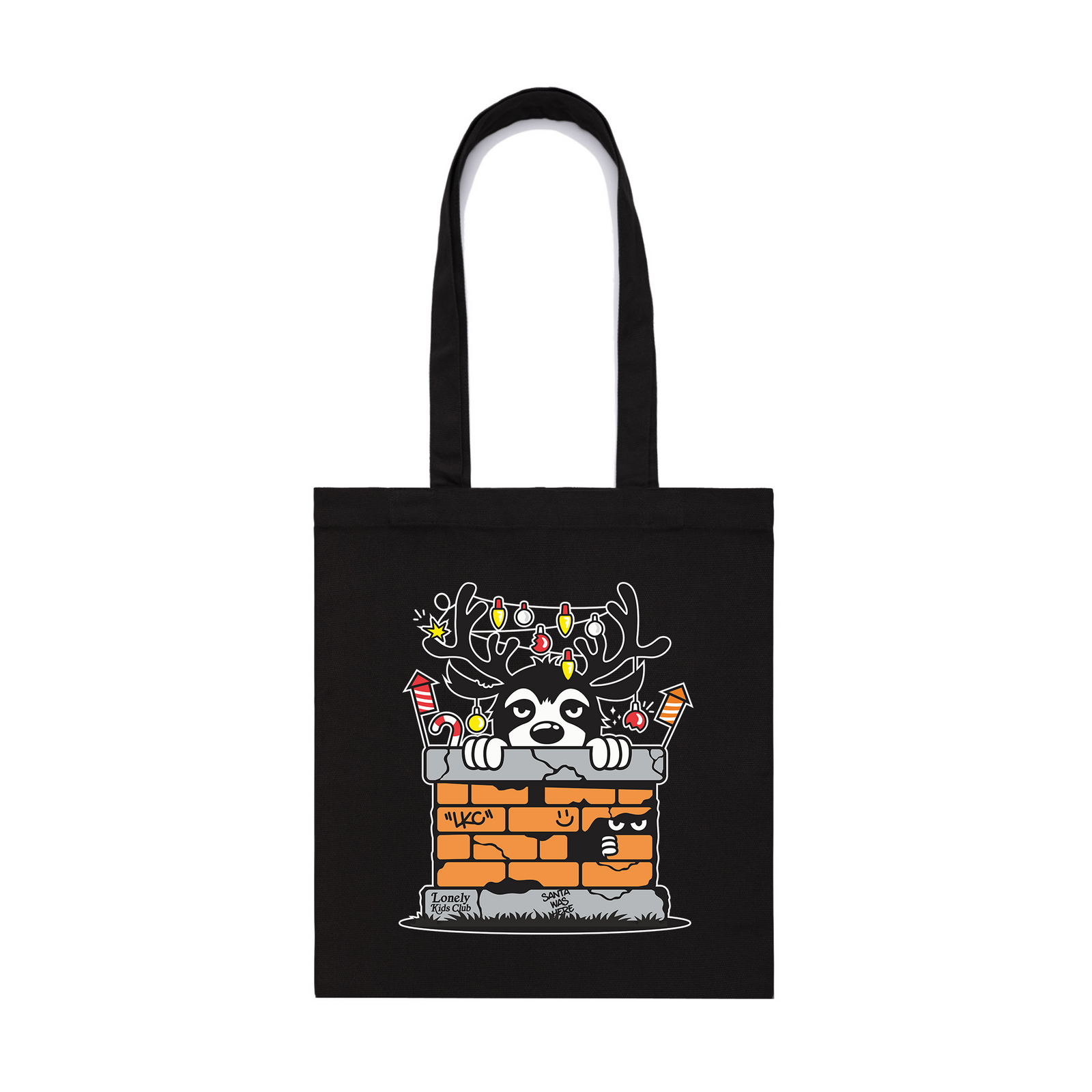 Black parcel tote with Chimney Tote graphic by Lonely Kids Club