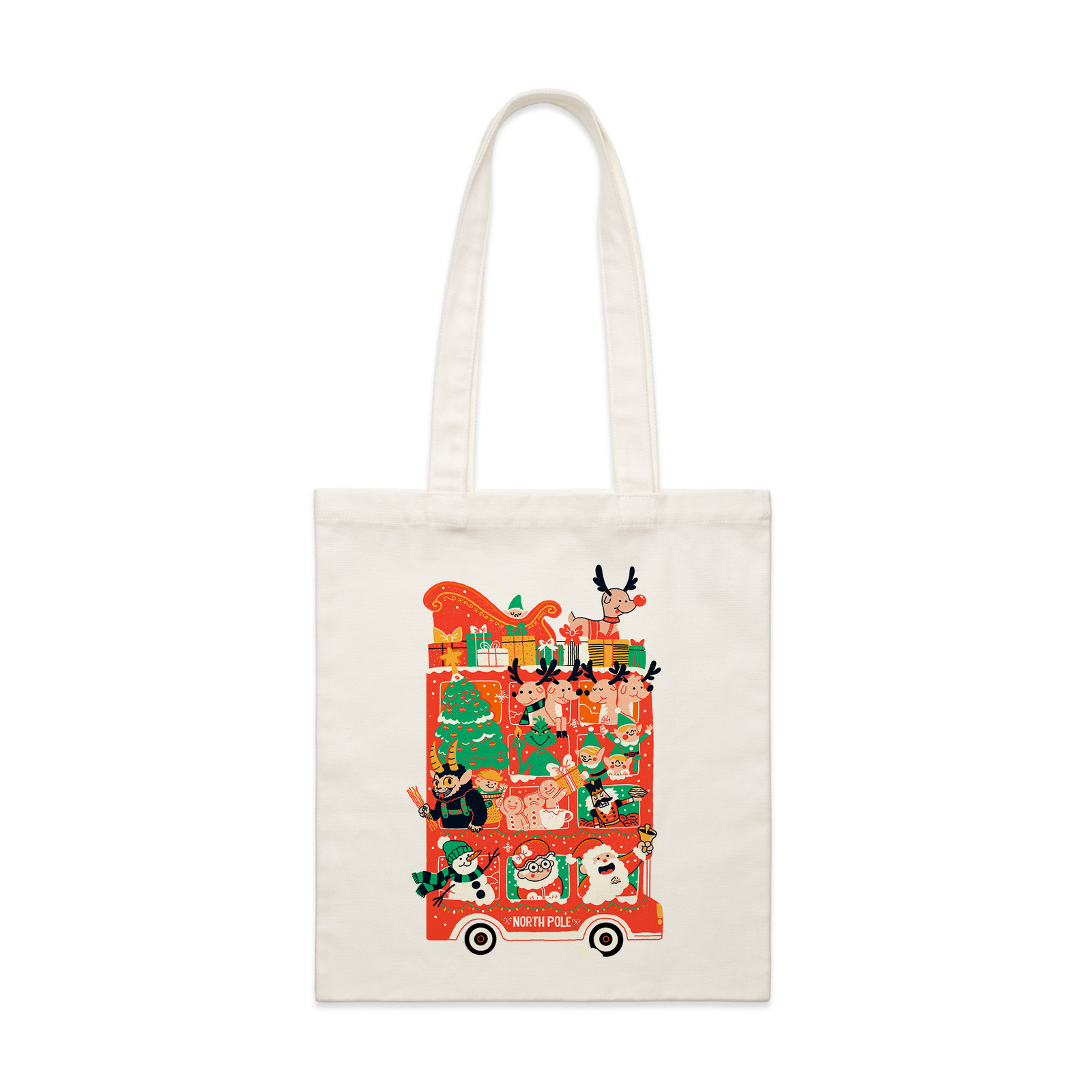 Cream parcel tote with Christmas Bus Tote graphic by Lonely Kids Club
