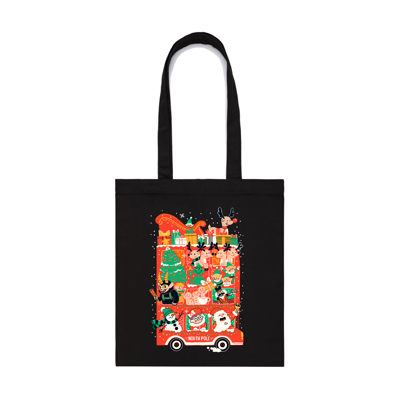 Black parcel tote with Christmas Bus Tote graphic by Lonely Kids Club