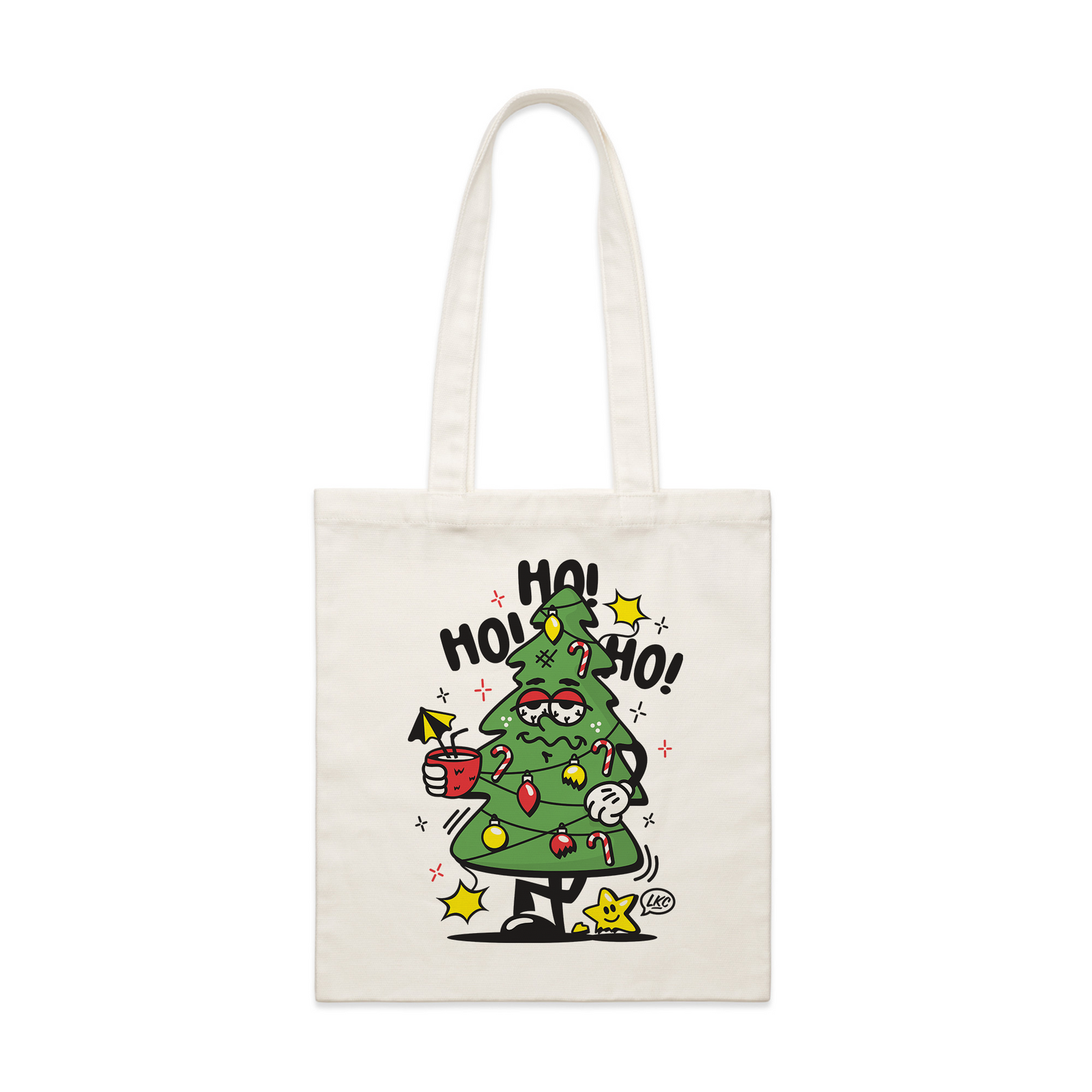 Cream parcel tote with Christmas Tree Tote graphic by Lonely Kids Club