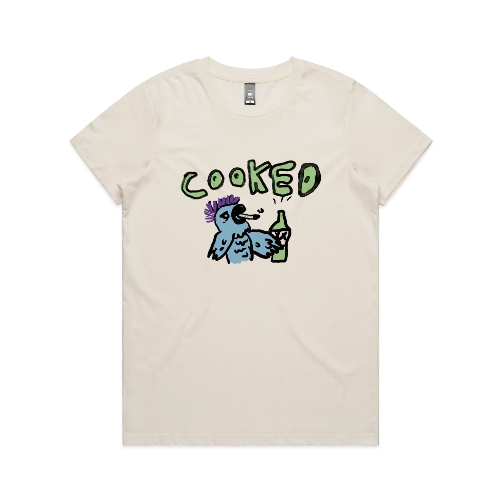 Ecru fitted womens t-shirt with Cooked Cockatoo graphic by Lonely Kids Club