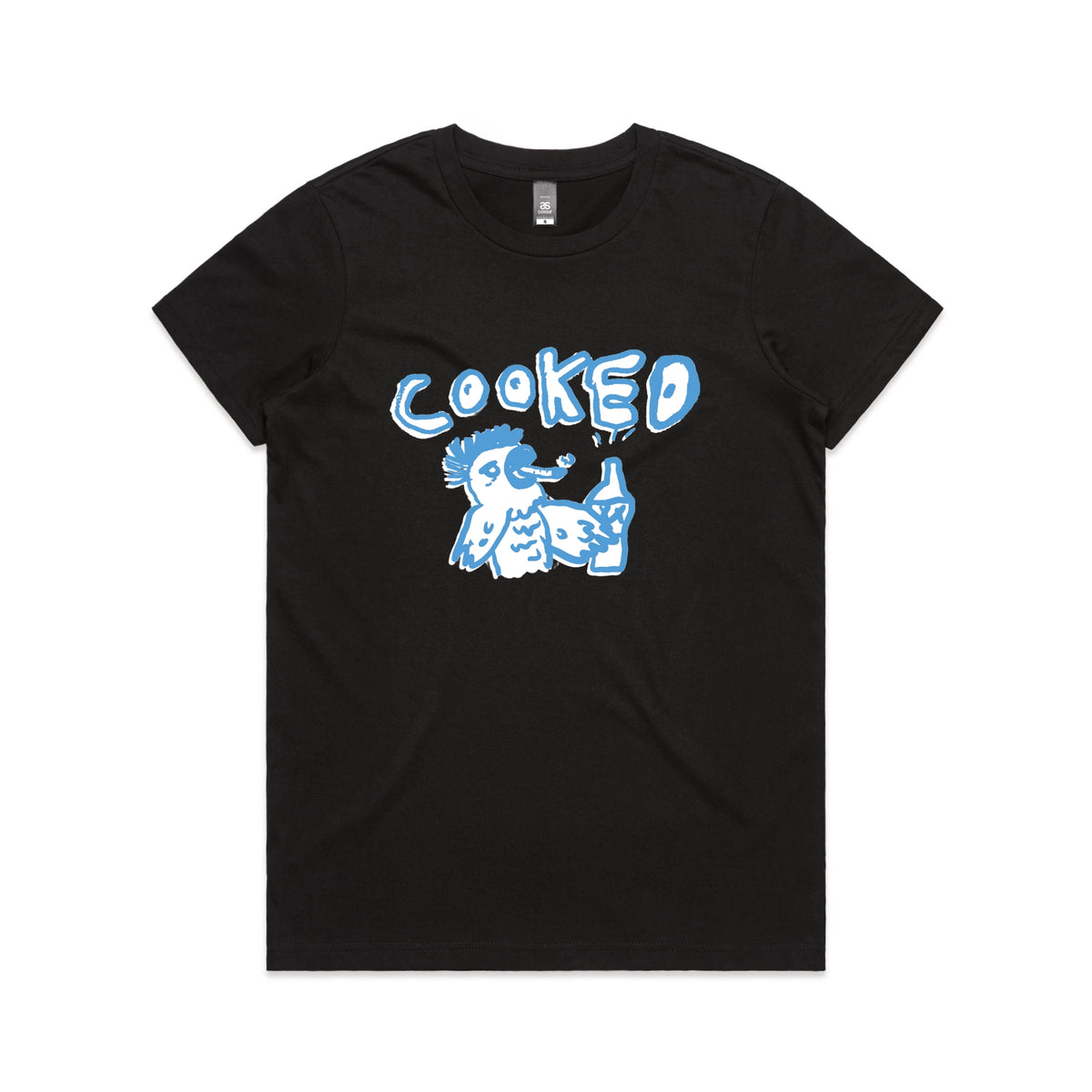 Black fitted womens t-shirt with Cooked Cockatoo graphic by Lonely Kids Club