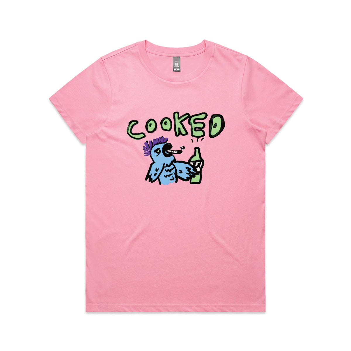 Bubblegum fitted womens t-shirt with Cooked Cockatoo graphic by Lonely Kids Club