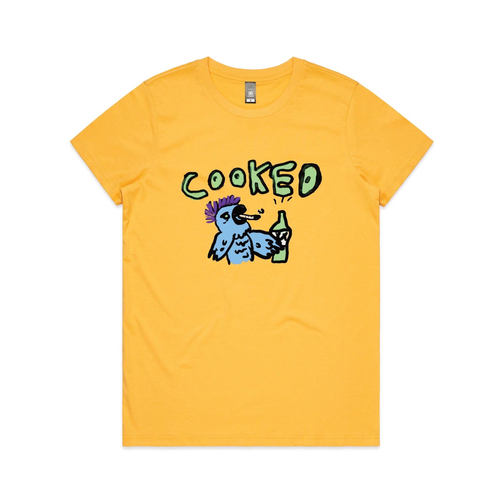 Yellow fitted womens t-shirt with Cooked Cockatoo graphic by Lonely Kids Club
