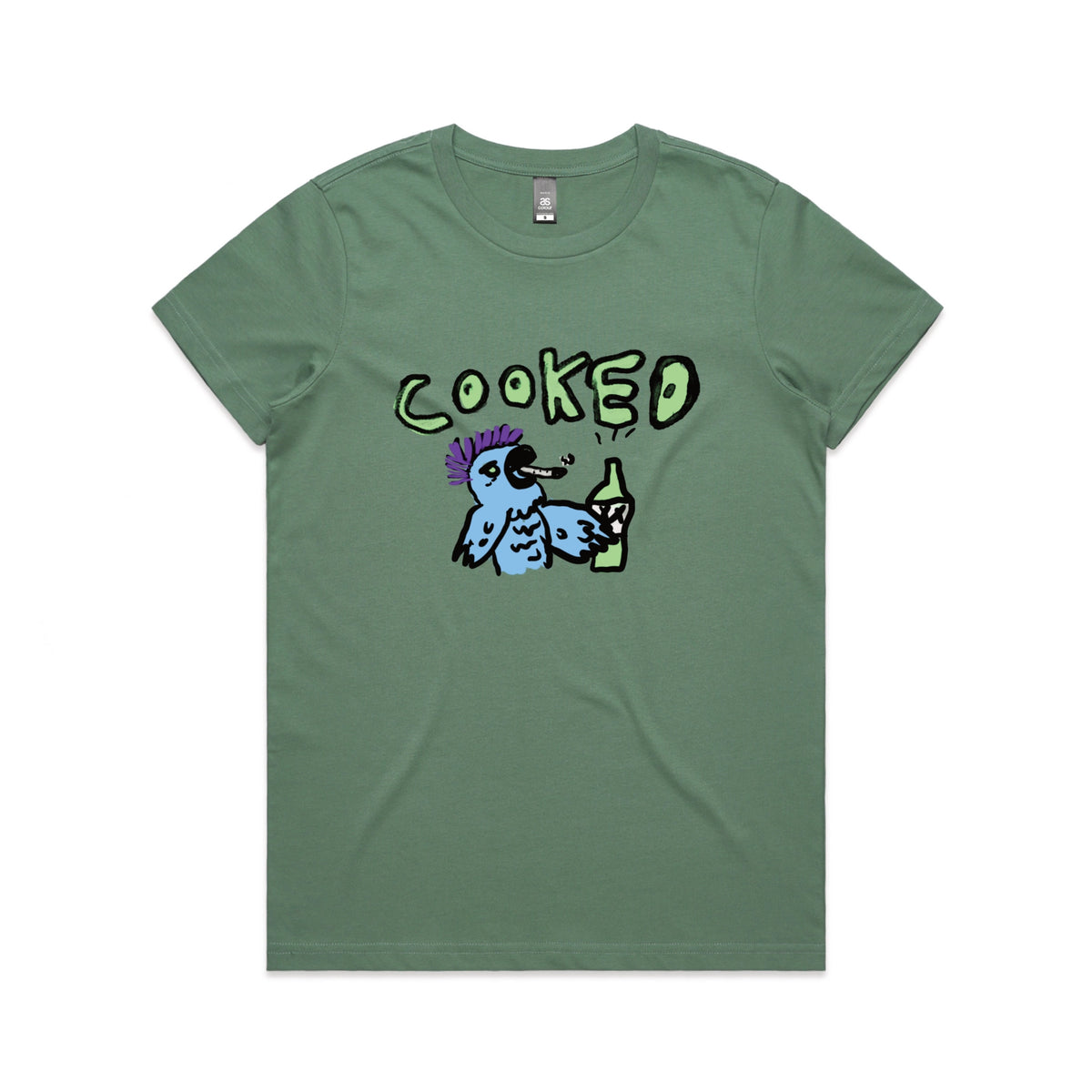 Sage fitted womens t-shirt with Cooked Cockatoo graphic by Lonely Kids Club