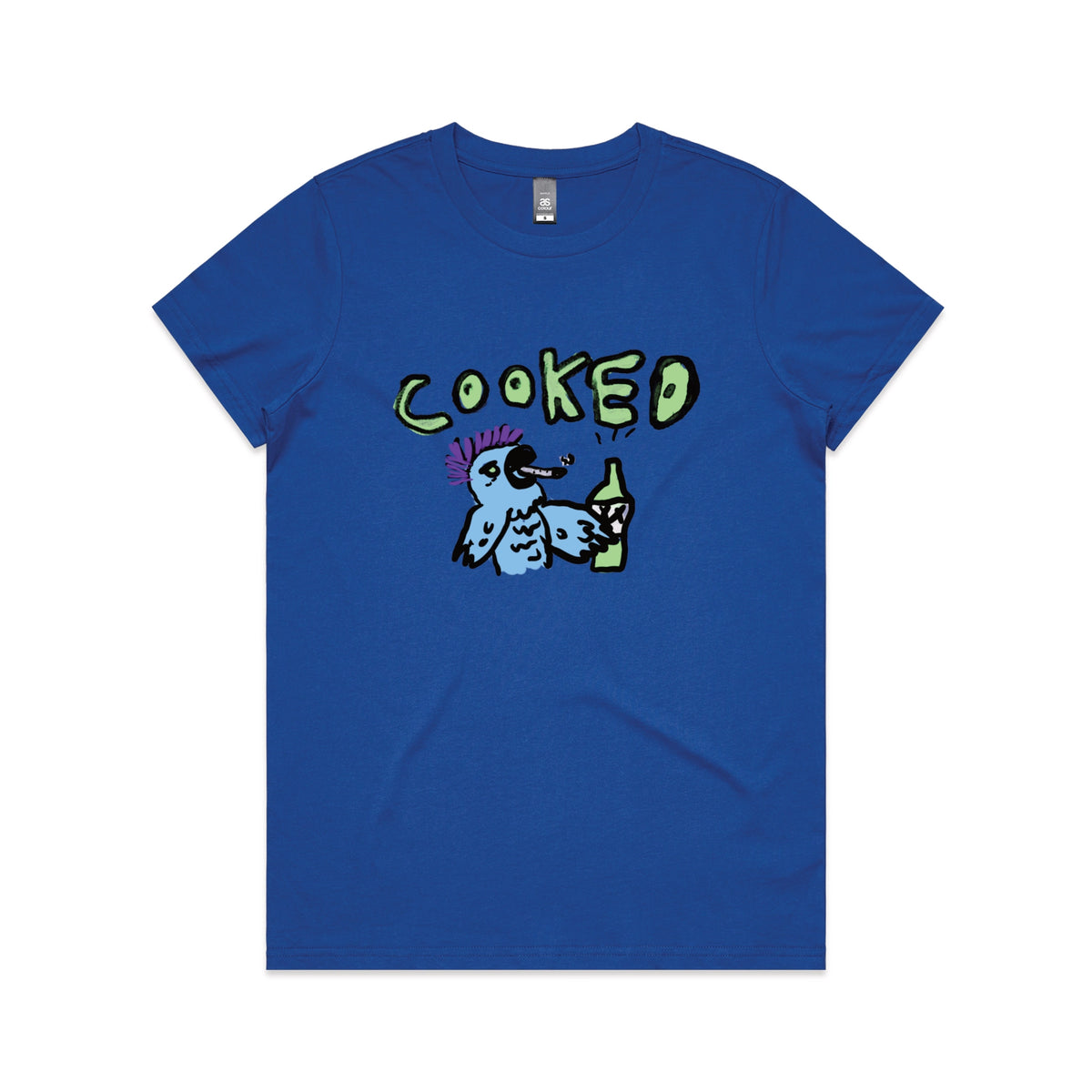 Royal Blue fitted womens t-shirt with Cooked Cockatoo graphic by Lonely Kids Club