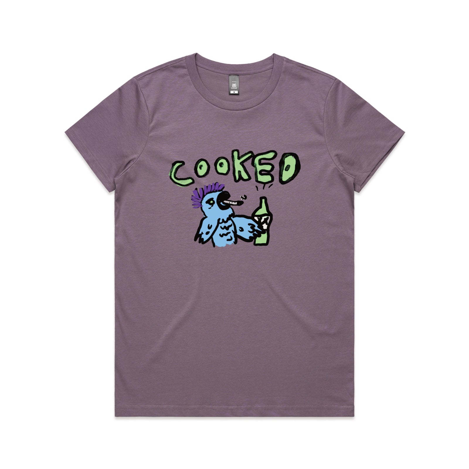 Mauve fitted womens t-shirt with Cooked Cockatoo graphic by Lonely Kids Club
