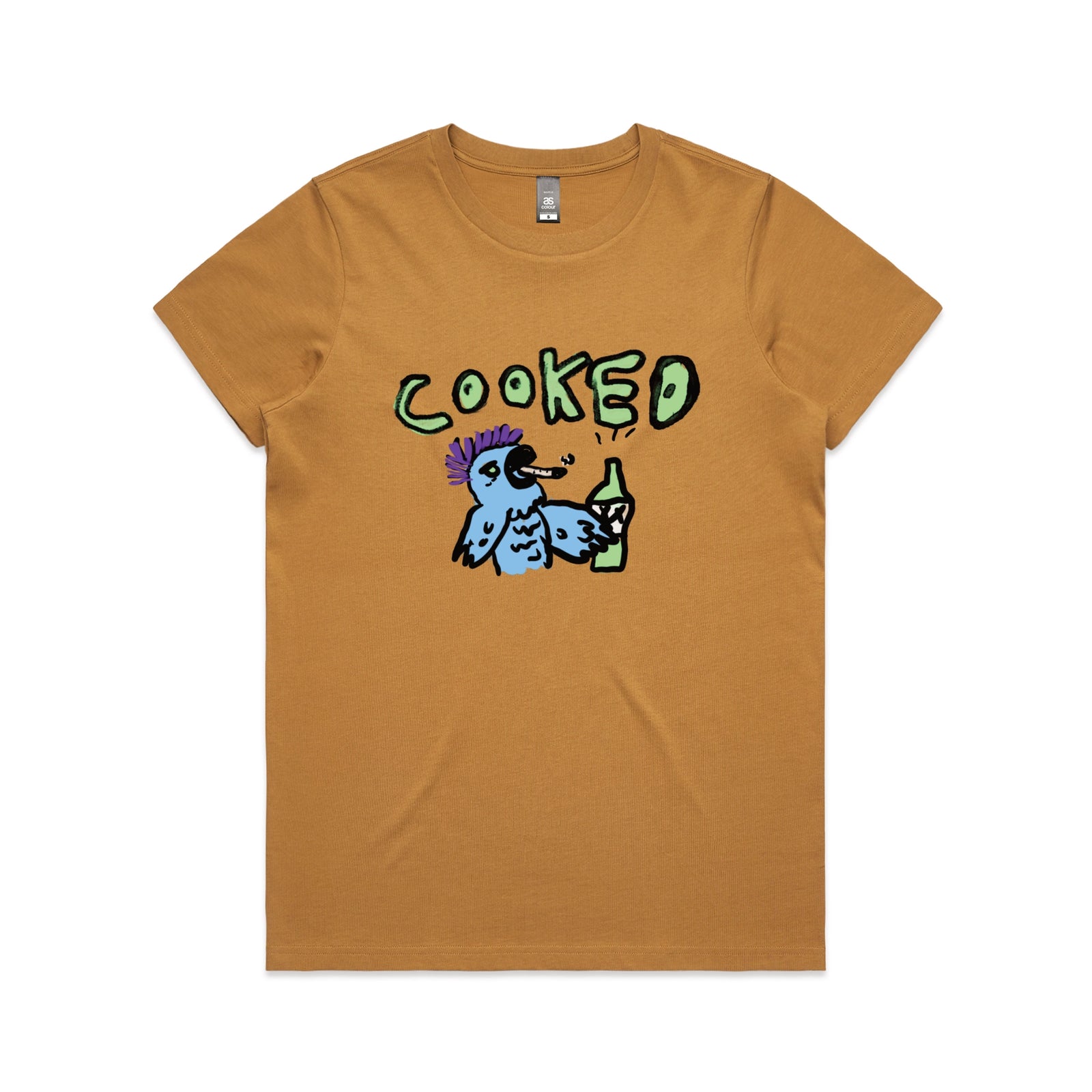 Camel fitted womens t-shirt with Cooked Cockatoo graphic by Lonely Kids Club