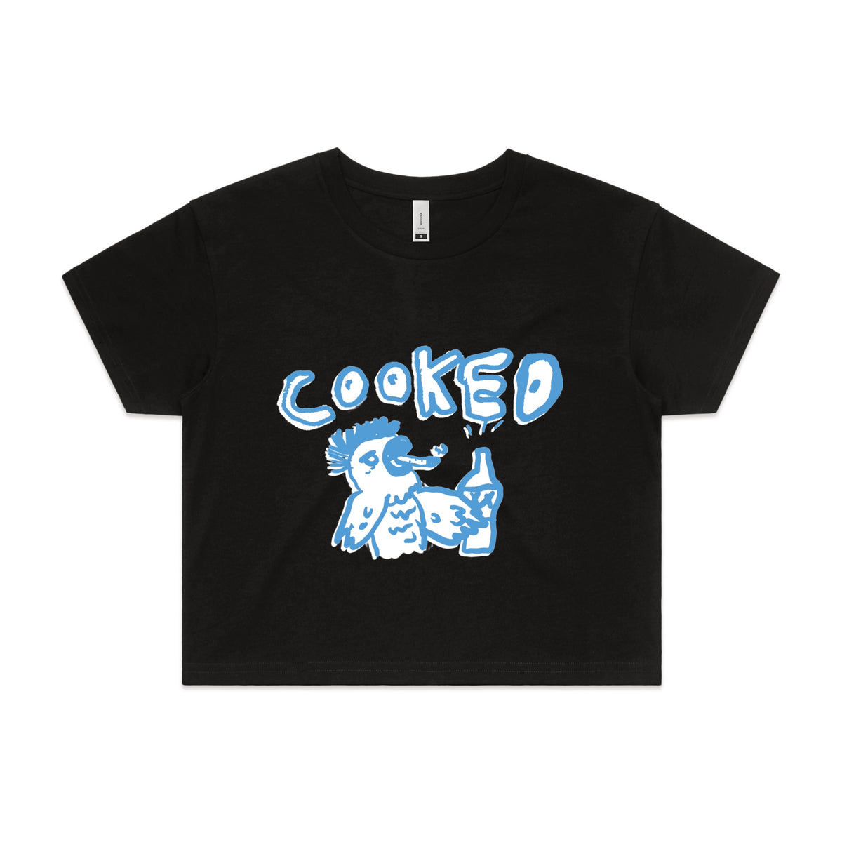 Black crop top with Cooked Cockatoo graphic by Lonely Kids Club
