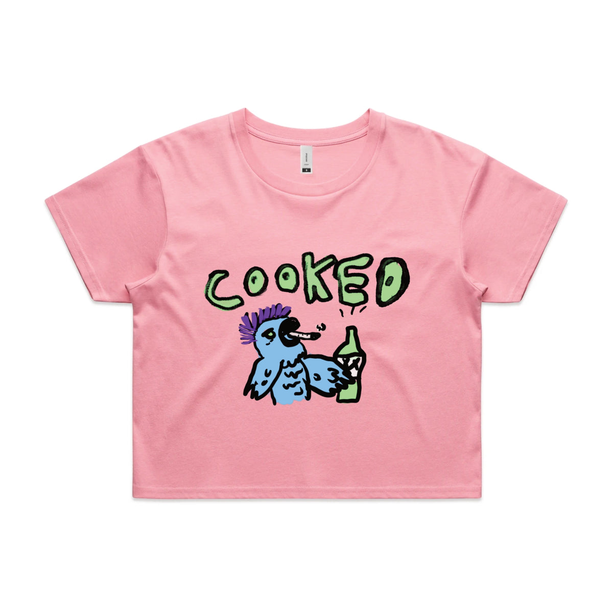 Bubblegum crop top with Cooked Cockatoo graphic by Lonely Kids Club