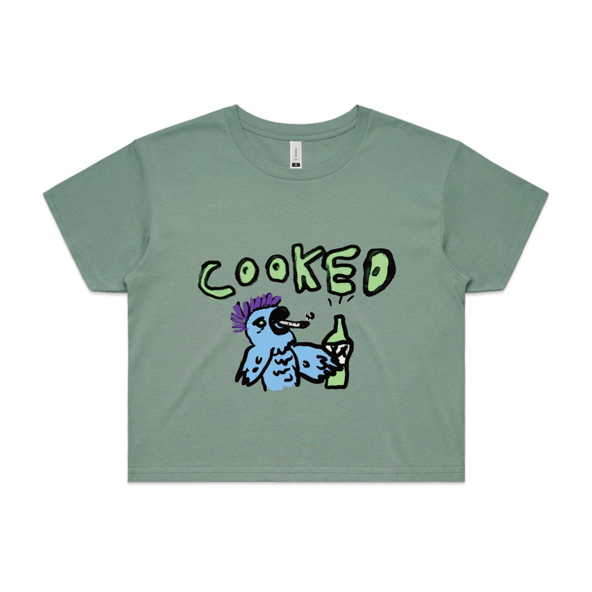 Sage crop top with Cooked Cockatoo graphic by Lonely Kids Club