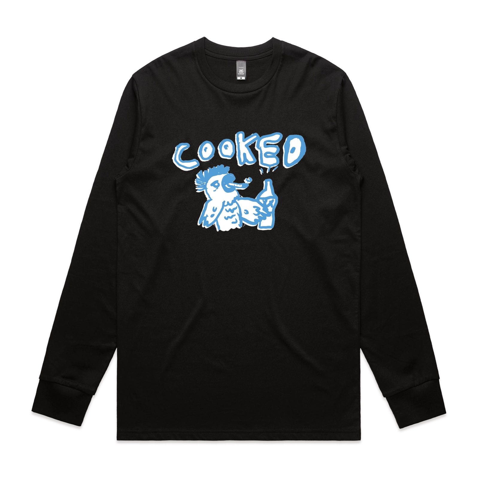 Black long sleeve t-shirt with Cooked Cockatoo graphic by Lonely Kids Club