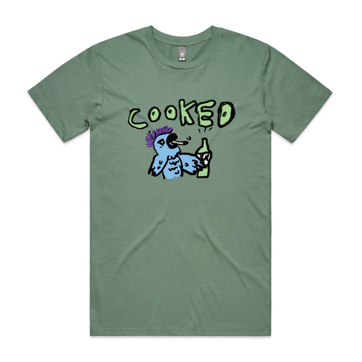 Sage unisex t-shirt with Cooked Cockatoo graphic by Lonely Kids Club