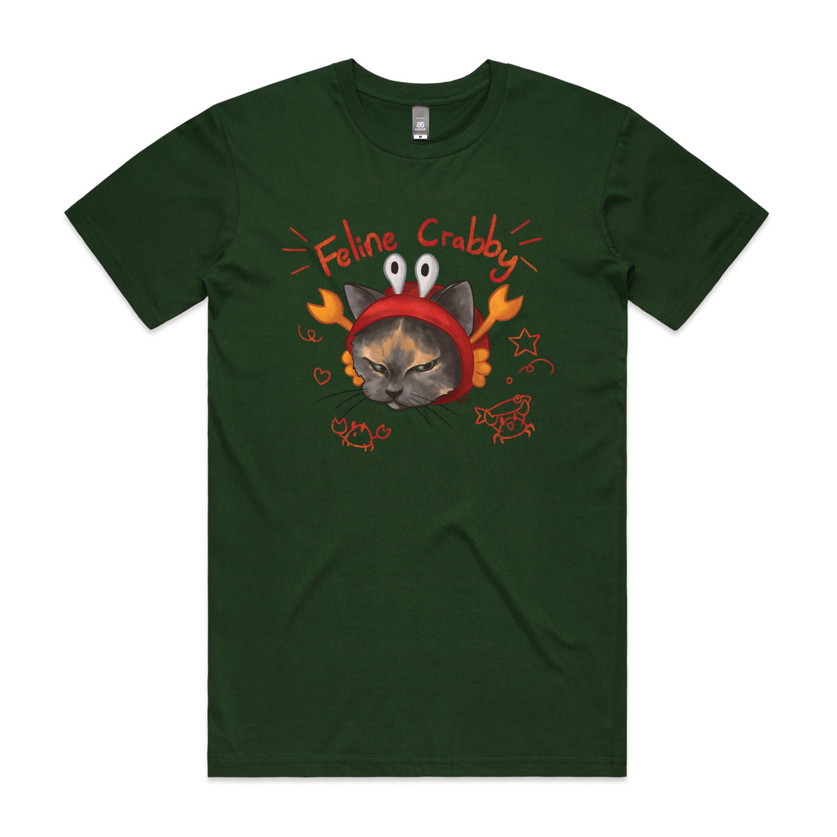Forest Green unisex t-shirt with Feline Crabby graphic by Lonely Kids Club