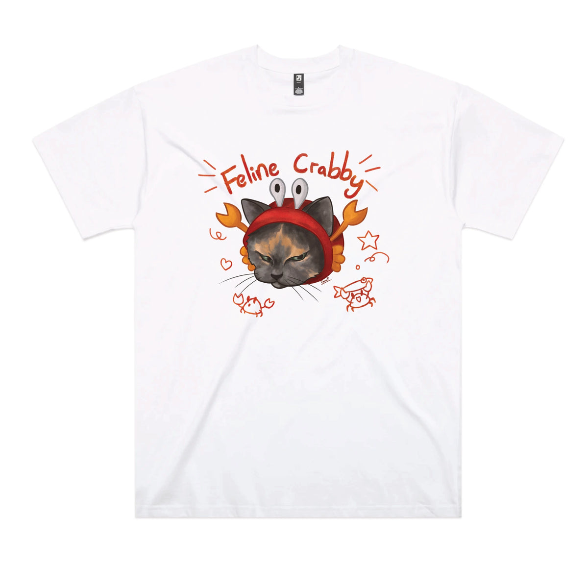 White oversized t-shirt with Feline Crabby graphic by Lonely Kids Club